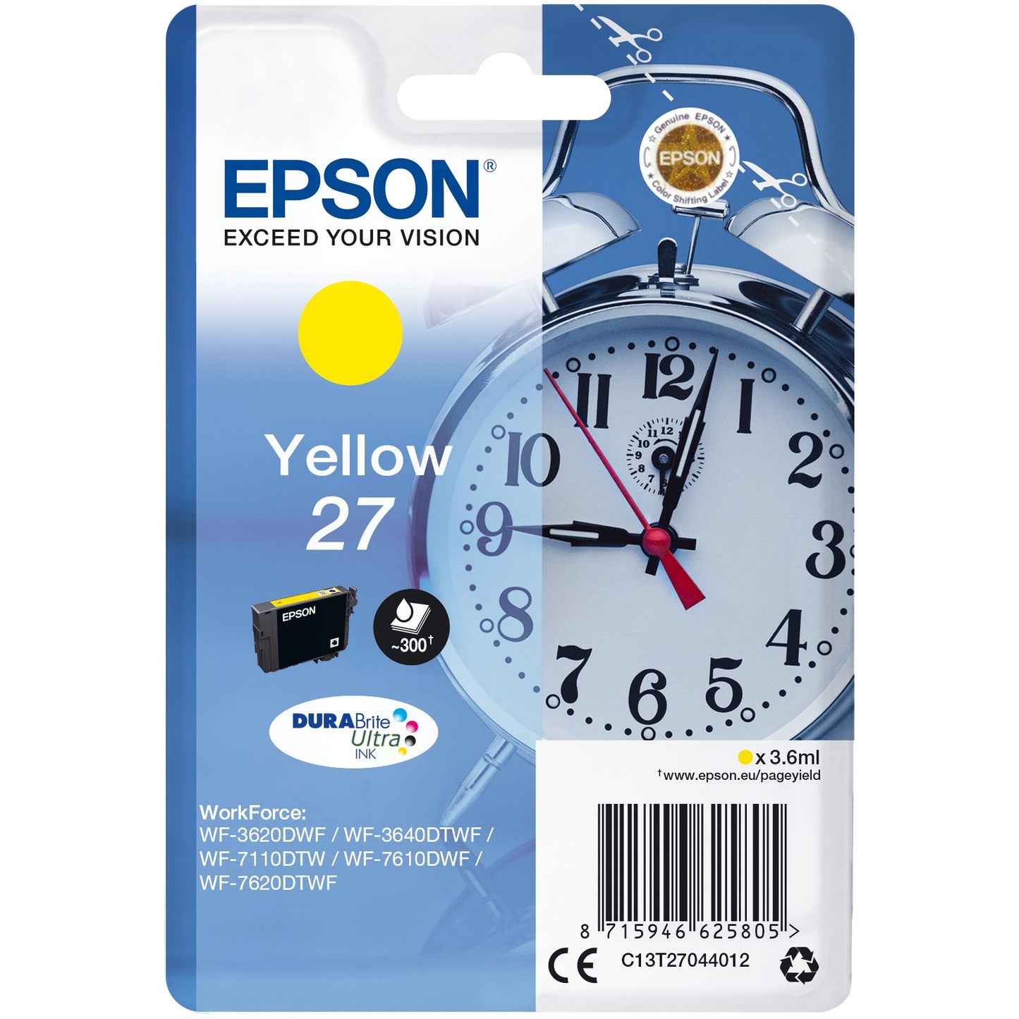 Epson Alarm Clock Pojedinačno pakovanje Žute 27 DURABrite Ultra tinte. Standardni prinos. Žuta. Tinta na bazi pigmenta. 3,6 ml. 1 komad. 300 stranica.