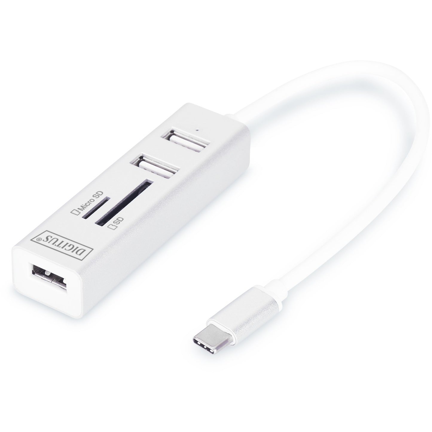 Digitus USB Type-C™ OTG 3-portni hub + citac kartica. MicroSD (TransFlash). SD. Bijela. 480 Mbit/s. Aluminij. USB 2.0. 18 mm