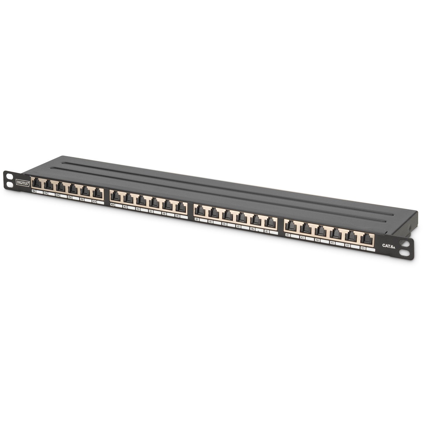 Digitus CAT 6A. Patch panel visoke gustoće klase EA. Oklopljen. IEEE 802.3af. IEEE 802.3at. RJ-45. Cat6a. Crna. SECC. Montaža u rack.