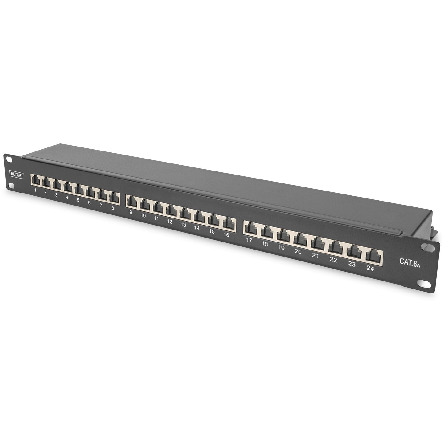 Digitus CAT 6A. Patch panel klase EA. Oklopljen. RJ-45. Cat6a. Crna. Čelična. Montaža u rack. 1U.