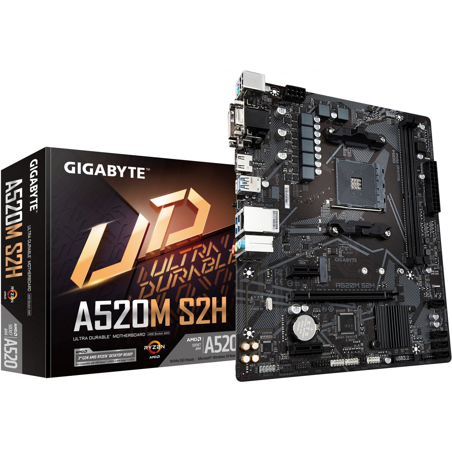 GIGABYTE A520M S2H matična ploča - Podržava AMD Ryzen 5000 seriju AM4 procesora. 4+3 fazni čisti digitalni VRM. Do 5100MHz DDR4 (OC). PCIe 3.0 x4 M.2. GbE LAN. USB 3.2 Gen 1. AMD. Podnožje AM4. AMD Ryzen 3000 serija. Podnožje AM4. 64 GB DDR4 SDRAM.