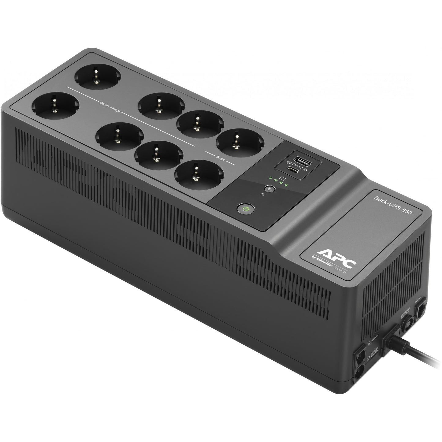 APC Back-UPS BE850G2-GR - UPS sa 8 Schuko utičnica. 850VA. 2 USB punjaca. 1 USB port za podatke. Stanje pripravnosti (offline). 0,85 kVA. 520 W. Sinusni val. 220 V. 230 V