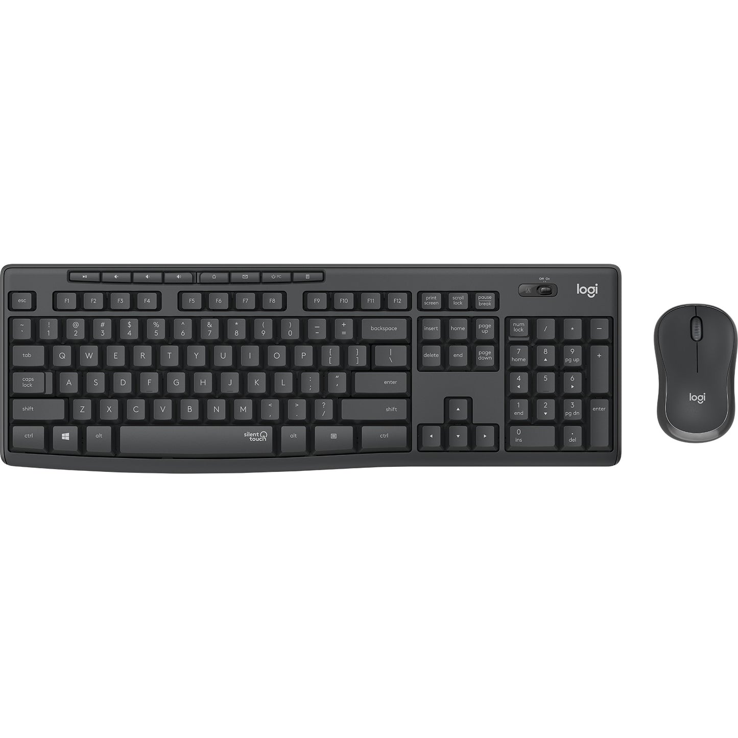 Logitech MK295 Tihi. Puna veličina (100%). Žični. RF Bežični. QWERTY. Grafit. Miš uključen.