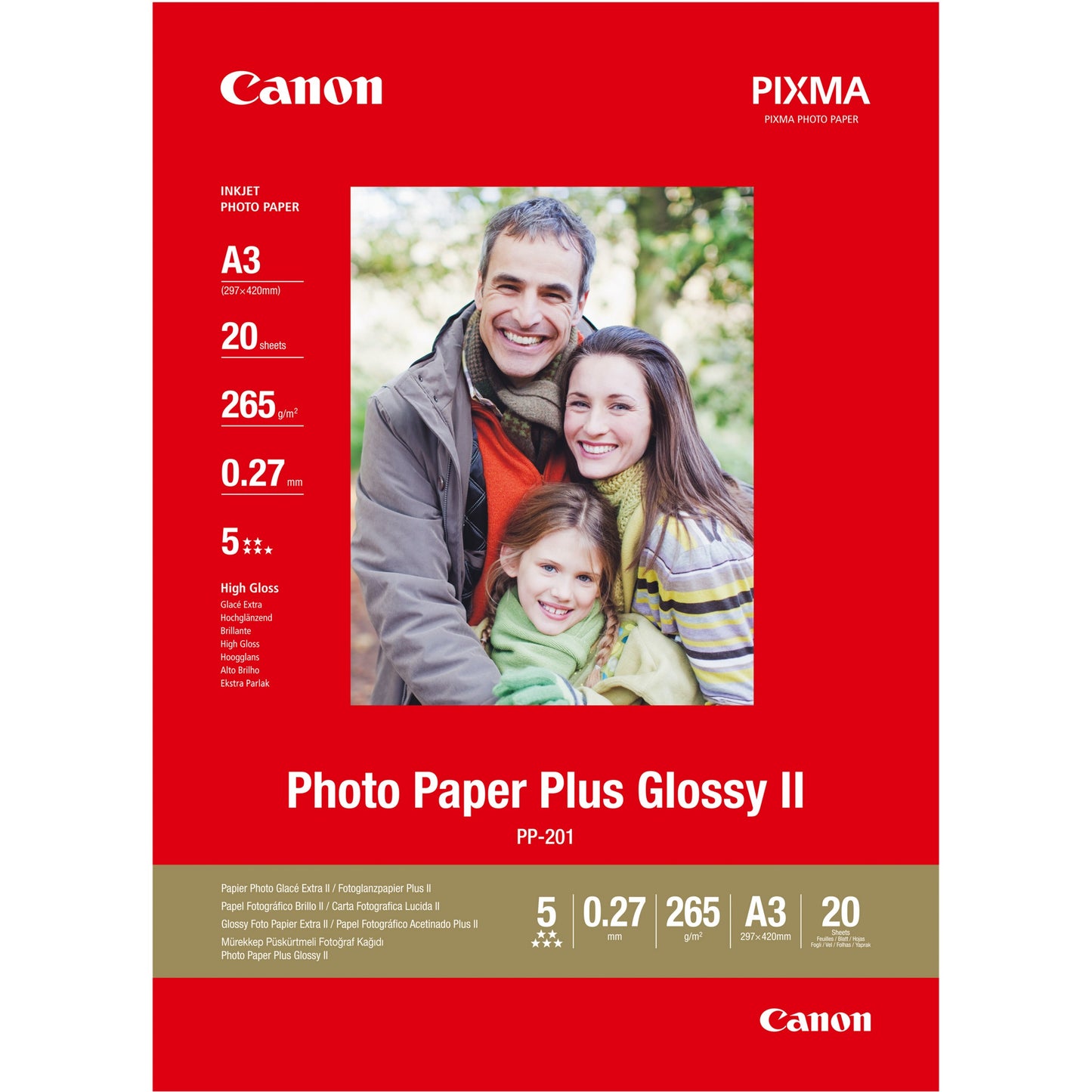 Canon PP-201 Glossy II foto papir Plus A3 – 20 listova. Visoki sjaj. 260 g/m². A3. 20 listova. 270 µm. Canon Lucia. ChromaLife100+