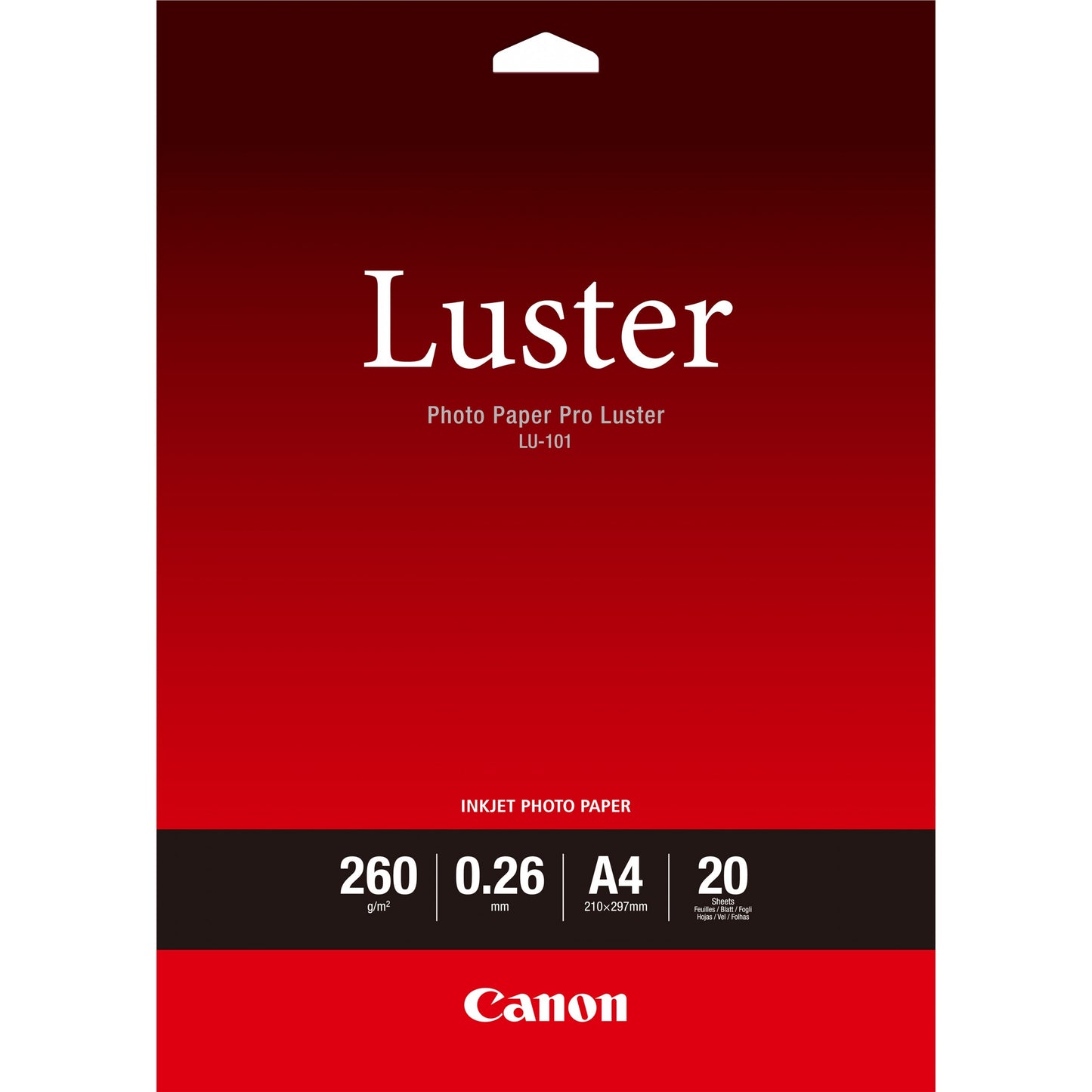 Canon LU-101 Luster foto papir Pro A4 - 20 listova. Saten. 260 g/m². Bijelo. 260 µm. 10 - 35 °C. 10 - 35 °C