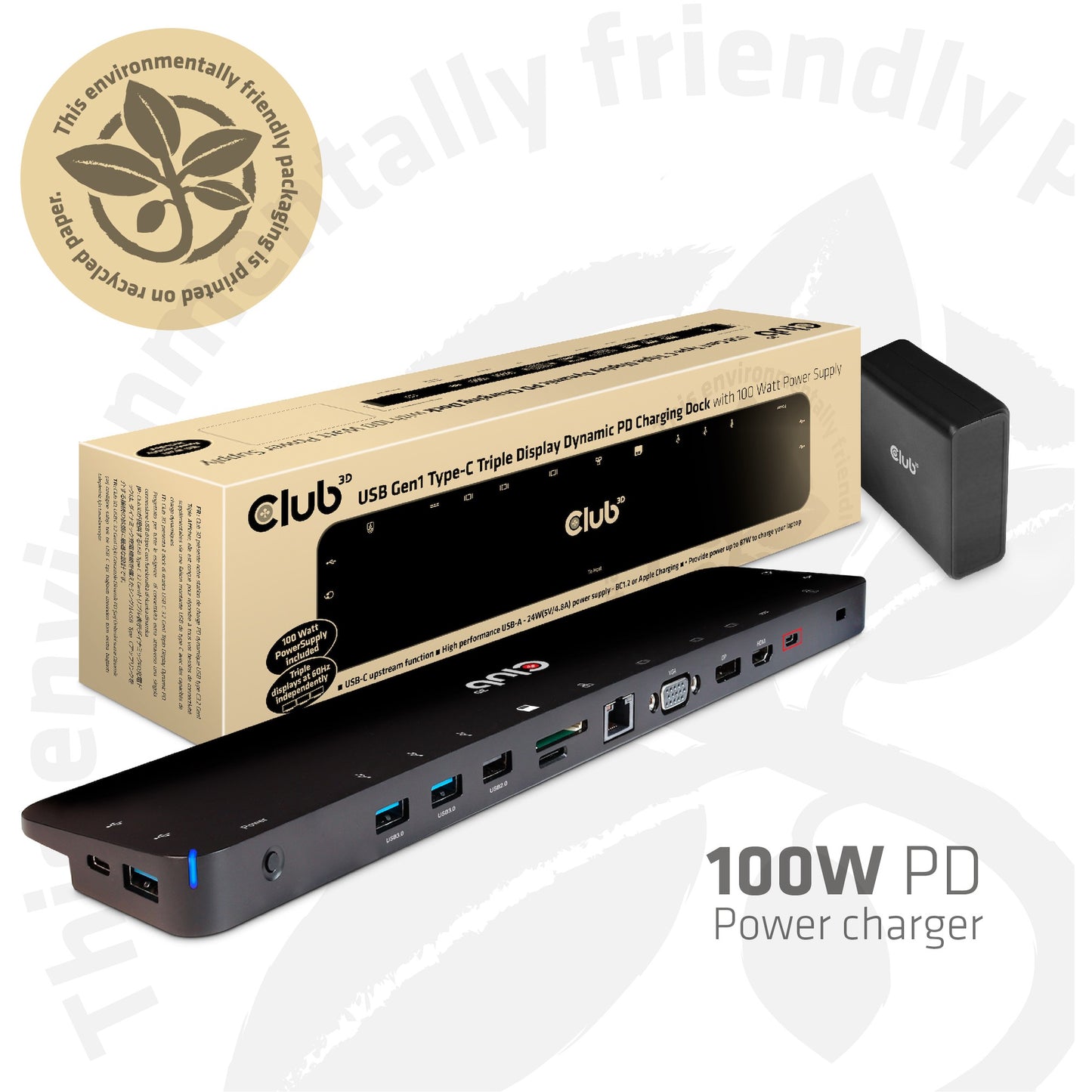 CLUB3D USB Type C 3.2 Gen1 Triple Display Dynamic PD Charging Dock 100W PD Power Power punjac. Docking. USB 3.2 Gen 1 (3.1 Gen 1) Type-C. Crna. Lenovo Dell Acer Asus. MSI. Toshiba Apple HP Razer. Ispunjava ROHS, FCC i CE EMI zahtjeve. 9g