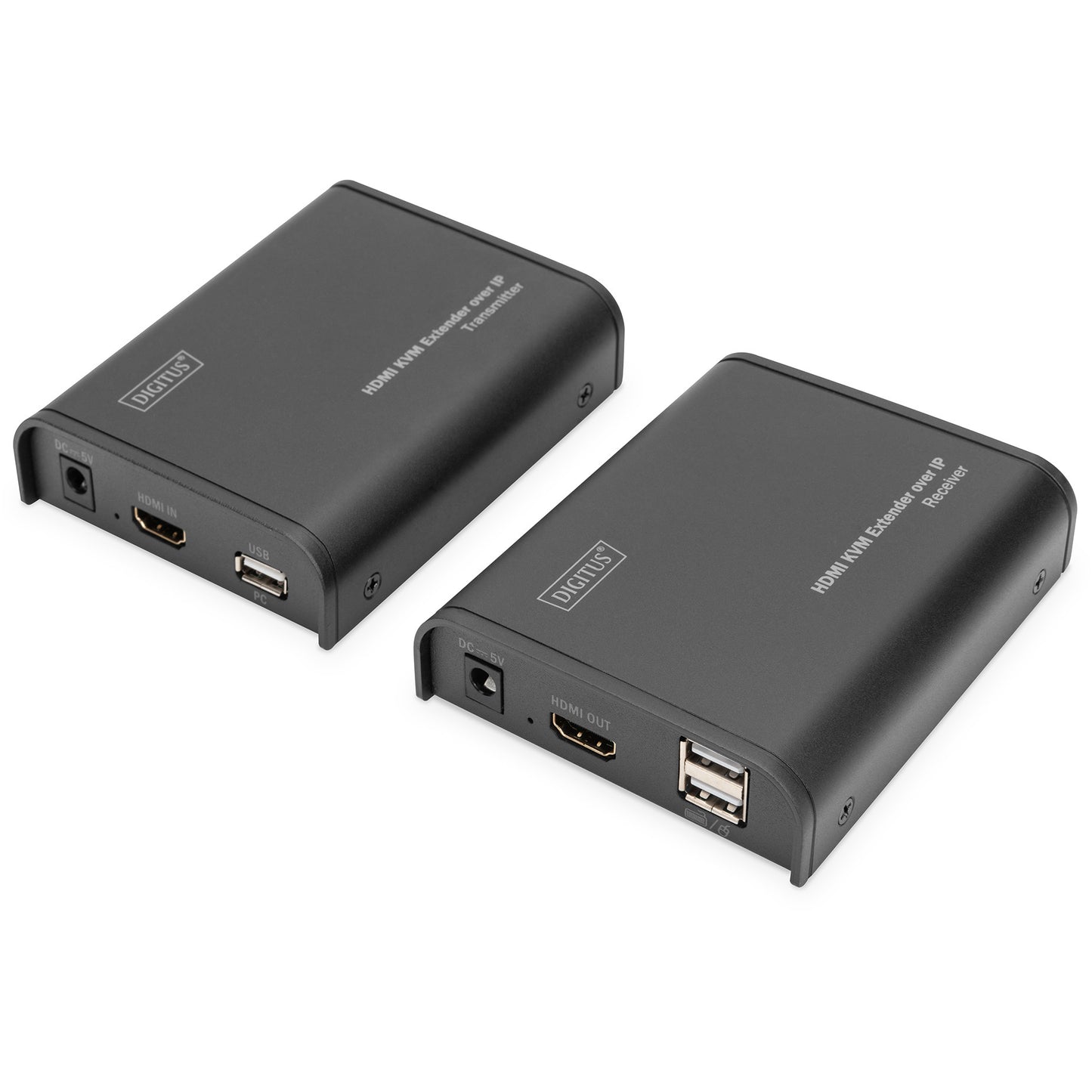 Digitus HDMI KVM IP Extender Set. Predajnik i prijemnik. Žični. 80 m. Cat5. Cat5e. Cat6. 1920 x 1080 piksela. Crni.