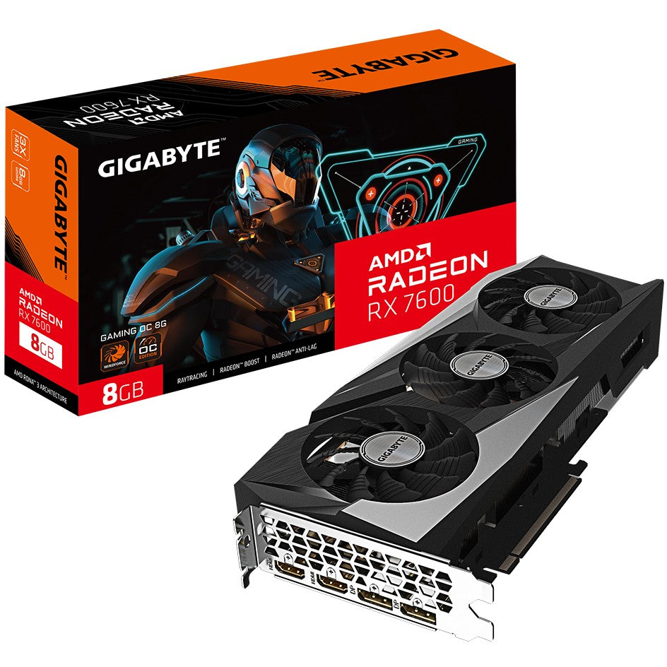 GIGABYTE GAMING Radeon RX 7600 OC 8G. Radeon RX 7600. 8GB. GDDR6. 128 bita. 7680 x 4320 piksela. PCI Express 4.0