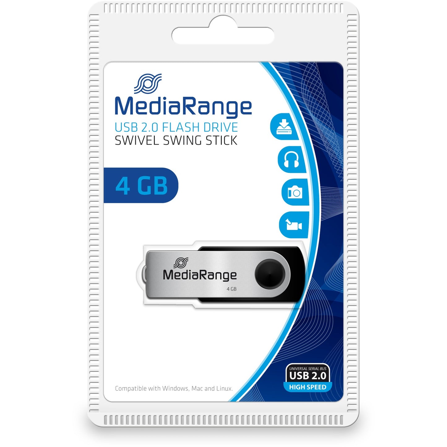MediaRange MR907. 4 GB. USB Tip-A / Micro-USB. 2.0. 13 MB/s. Rotirajući prsten. Crna. Srebrna.