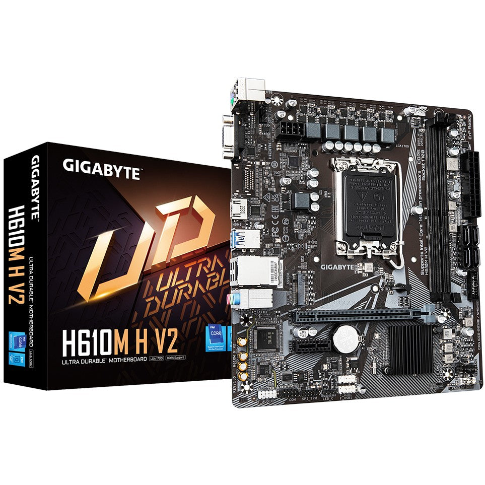 GIGABYTE H610M H V2 matična ploča - podržava Intel Core procesore do 14. razreda. 4+1+1 hibridni digitalni VRM. do 5600MHz DDR5. 1xPCIe 3.0 M.2. GbE LAN. USB 3.2 Gen 1. Intel. LGA 1700. Intel® Celeron®. Intel® Core™ i3. Intel® Core™ i5. Intel® Core™ i7. Intel® Core™ i9..... LGA 1700. 96 GB. DDR5 SDRAM