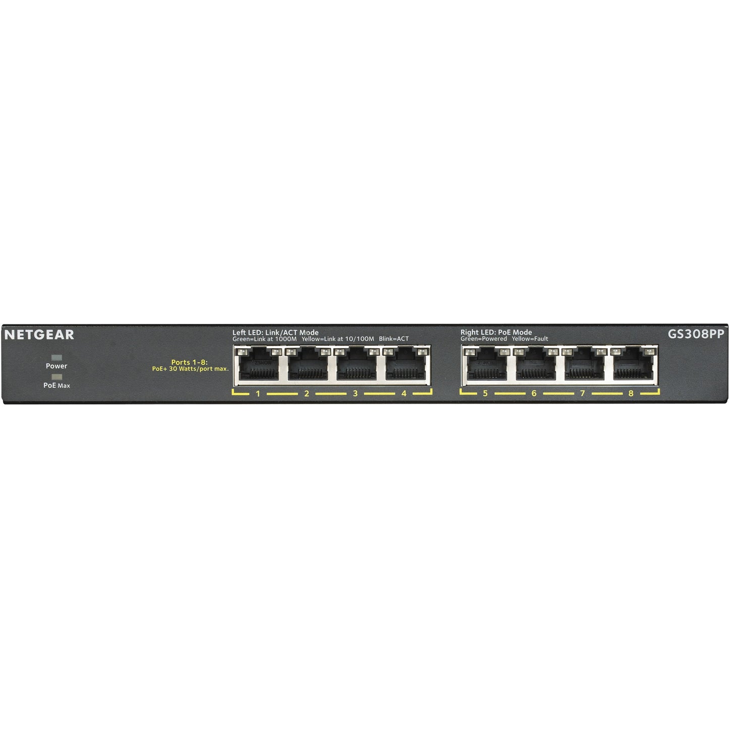 NETGEAR GS308PP. Neupravljani. Gigabit Ethernet (10/100/1000). Puni dupleks. Napajanje preko Etherneta (PoE). Montaža u rack. Montaža na zid.