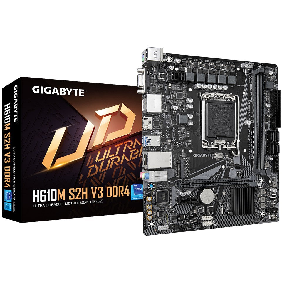 GIGABYTE H610M S2H V3 DDR4 matična ploča - podržava Intel Core procesore do 14.0 CPU-a. 4+1+1 hibridni digitalni VRM. do 3200MHz DDR4. 1xPCIe 3.0 M.2. GbE LAN. USB 3.2 Gen 1. Intel. LGA 1700. Intel® Core™ i3. Intel® Core™ i5. Intel® Core™ i7. LGA 1700. DDR4 SDRAM. 64 GB