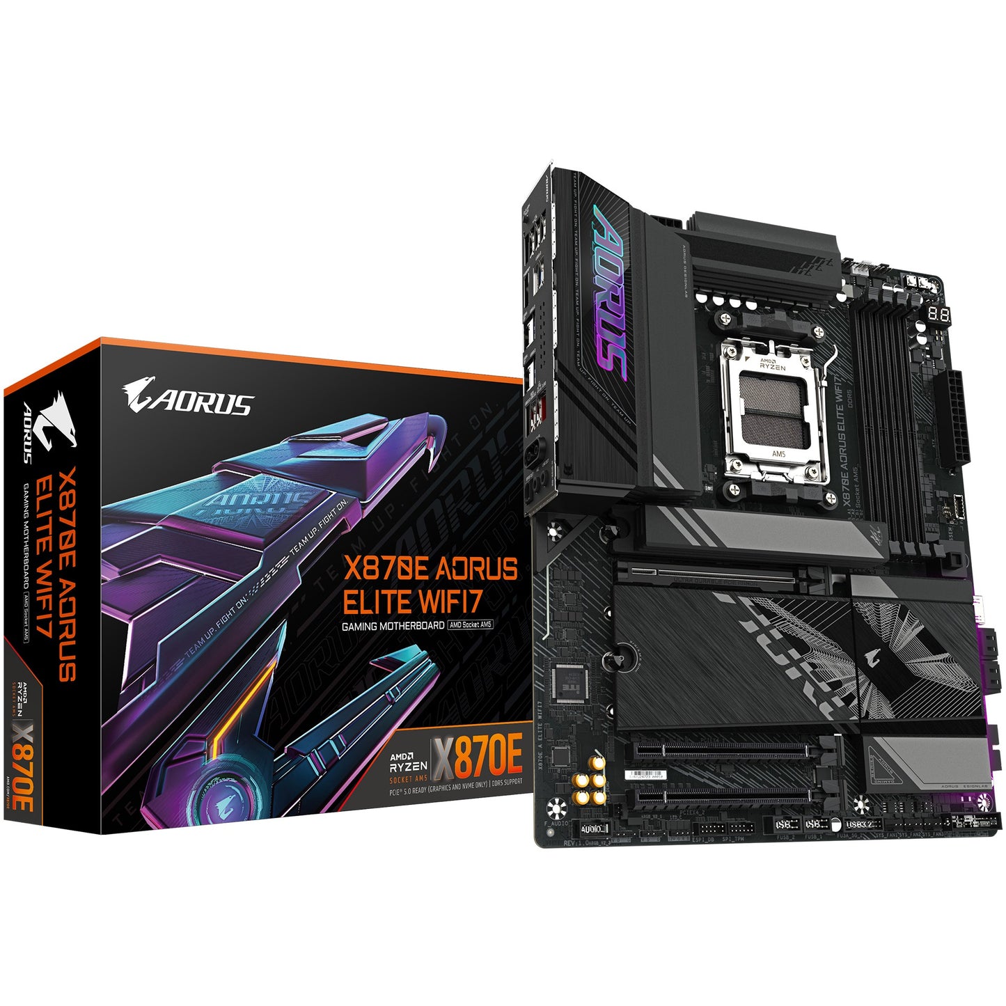 GIGABYTE X870E AORUS ELITE WIFI7 matična ploča - Podržava AMD Ryzen 9000 procesore. 16+2+2 fazni digitalni VRM. Do 8000Hz DDR5 (OC). 3x PCIe 5.0 + 1x PCIe 4.0. Wi-Fi 7. 2.5GbE LAN. USB 4. AMD. Podnožje AM5. AMD Ryzen 7000 serija. AMD Ryzen 8000 serija. AMD Ryzen 9000 serija. Podnožje AM5. 256 GB DDR5 SDRAM.