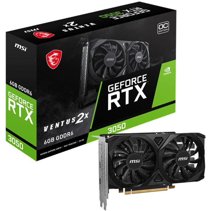 MSI VENTUS GeForce RTX 3050 2X E 6G OC. GeForce RTX 3050. 6GB. GDDR6. 96 bita. 7680 x 4320 piksela. PCI Express x8 4.0