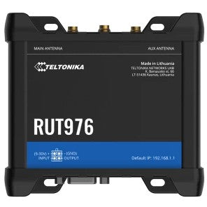 Teltonika RUT976. Ruter za mobilne mreže. Crni. Montaža za DIN šinu/zid. Industrijski. Gigabit Ethernet. TCP. UDP. IPv4. IPv6. ICMP. NTP. DNS. HTTP. HTTPS. SFTP. FTP. SMTP. SSL v3. TLS. ARP. VRRP. PPP....
