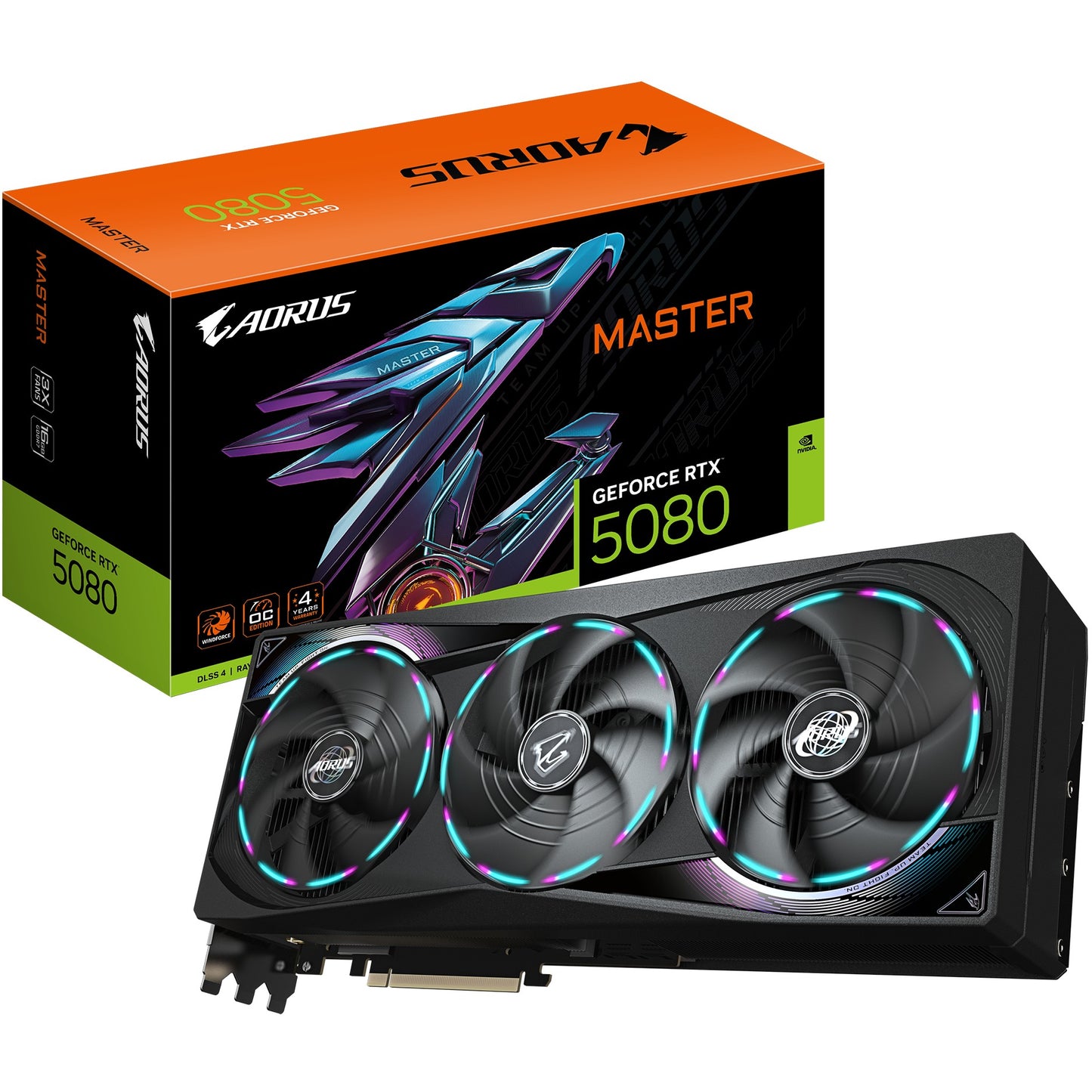 GIGABYTE AORUS GeForce RTX 5080 MASTER 16G grafička kartica - 16GB GDDR7. 256 bita. PCI-E 5.0. Takt jezgra 2805MHz. 3 x DisplayPort 1 x HDMI GV-N5080AORUS M-16GD. GeForce RTX 5080. 16GB. GDDR7. 256 bita. 7680 x 4320 piksela. PCI Express 5.0