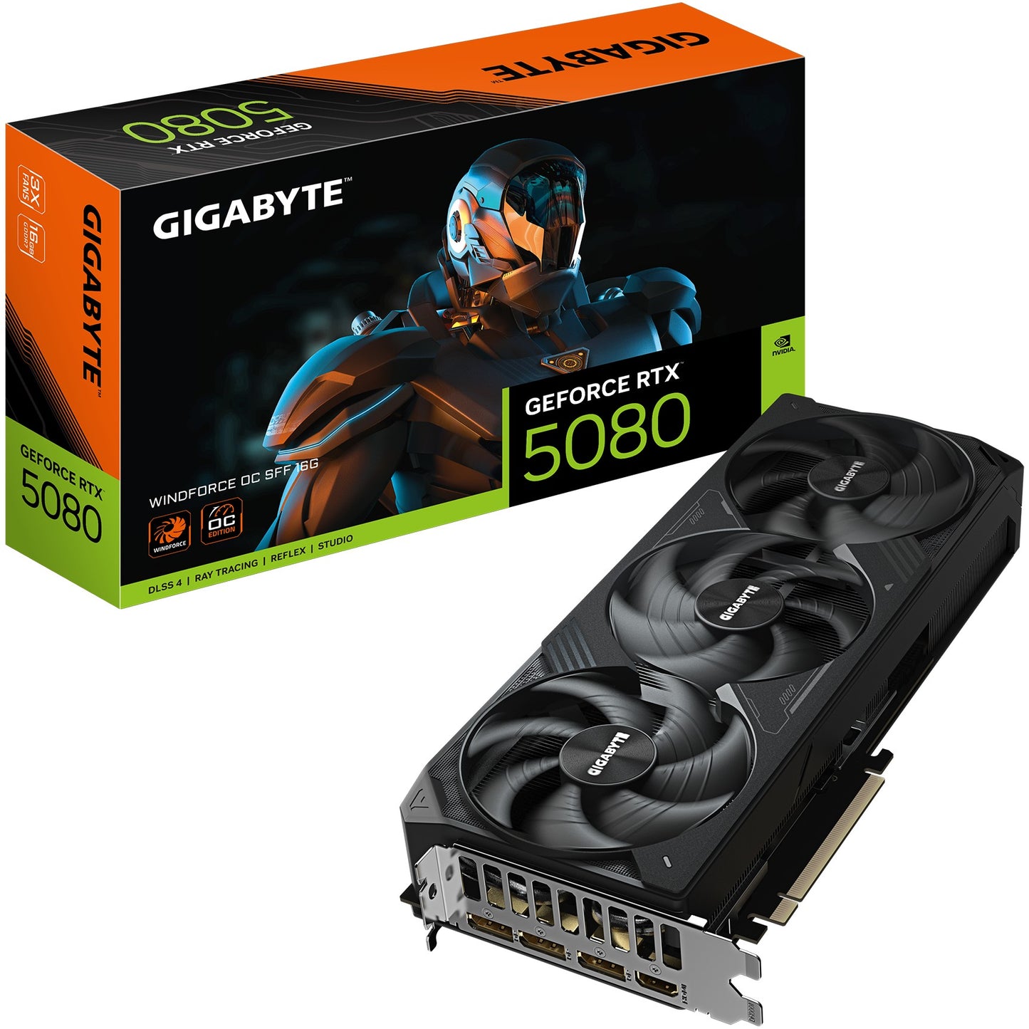 GIGABYTE GeForce RTX 5080 WINDFORCE OC SFF 16G Grafička kartica - 16 GB GDDR7. 256-bit. PCI-E 5.0. Frekvencija jezgra 2670MHz. 3 x DP 2.1a. 1 x HDMI 2.1b. GV-N5080WF3OC-16GD. GeForce RTX 5080. 16 GB. GDDR7. 256-bit. 7680 x 4320 piksela. PCI Express x16 5.0