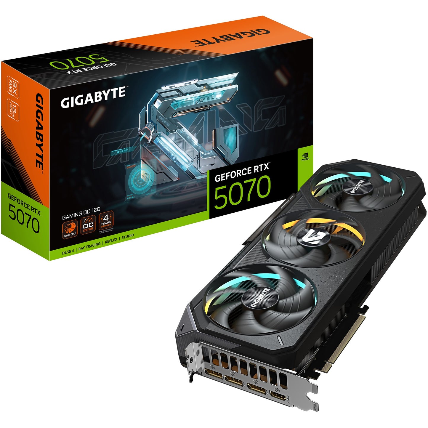 GIGABYTE GeForce RTX 5070 GAMING OC 12G grafička kartica - 12GB GDDR7. 192 bita. PCI-E 5.0. Takt jezgra 2625MHz. 3 x DP 2.1a. 1 x HDMI 2.1b NVIDIA DLSS 4. GV-N5070GAMING OC-12GD. GeForce RTX 5070. 12GB. GDDR7. 192 bita. 7680 x 4320 piksela. PCI Express x16 5.0