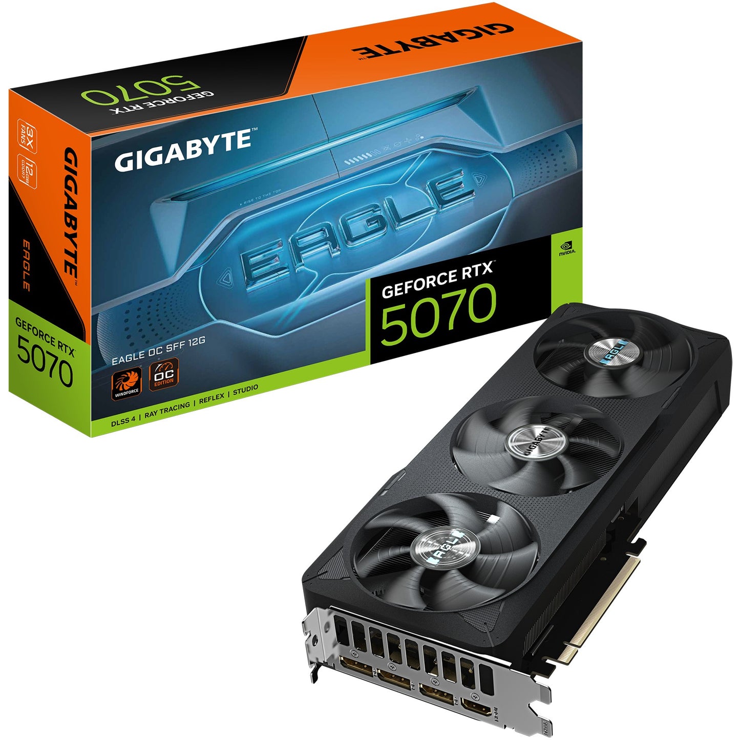 GIGABYTE GeForce RTX 5070 EAGLE OC SFF 12G grafička kartica - 12GB GDDR7. 192 bita. PCI-E 5.0. Takt jezgra 2587MHz. 3 x DP 2.1b. 1 x HDMI 2.1b NVIDIA DLSS 4. GV-N5070EAGLE OC-12GD. GeForce RTX 5070. 12GB. GDDR7. 192 bita. 7680 x 4320 piksela. PCI Express x16 5.0