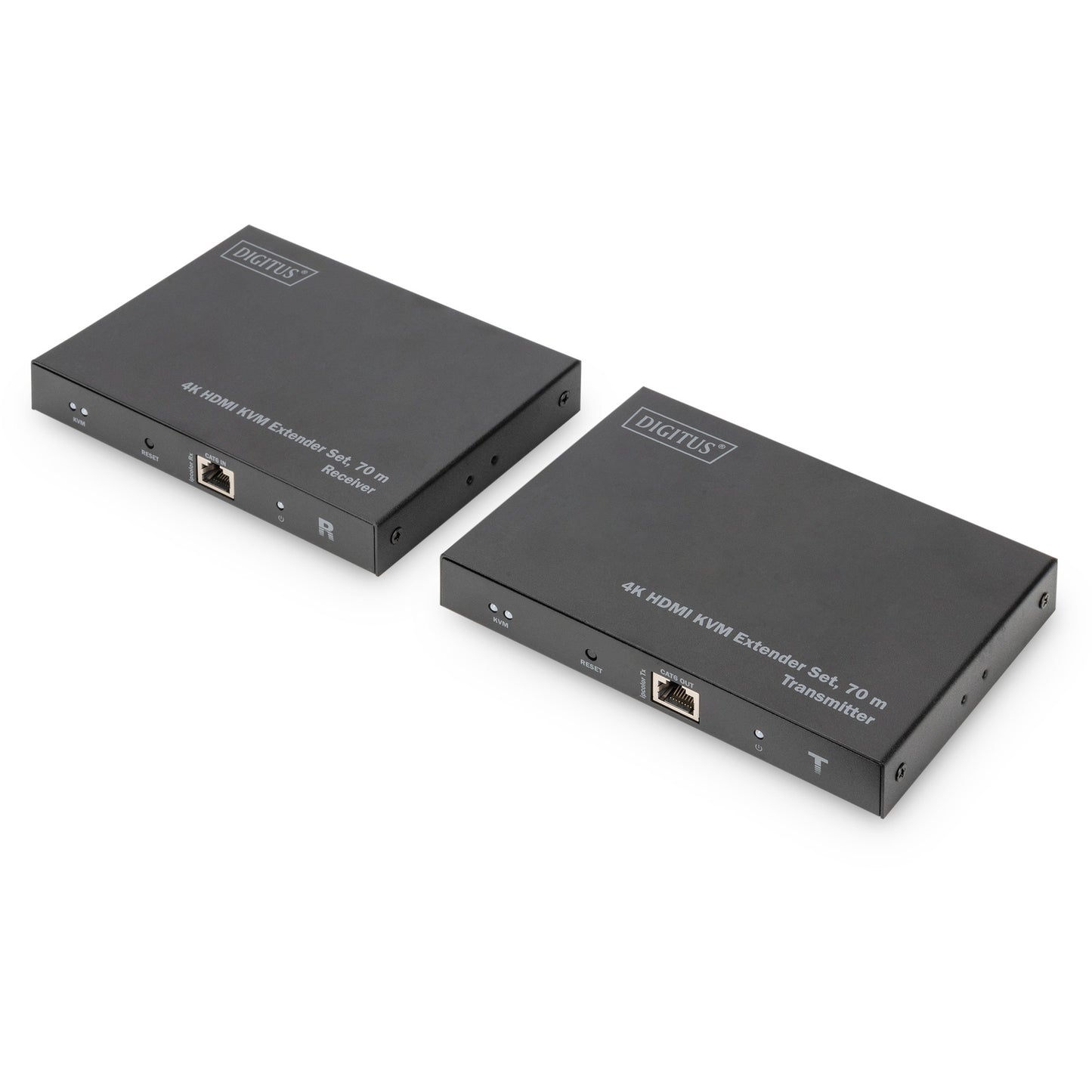 Digitus 4K HDMI KVM set produživača. 70 m. Predajnik i prijemnik. 70 m. Cat6. Cat7. Cat8. Crni. Aluminij. Status.