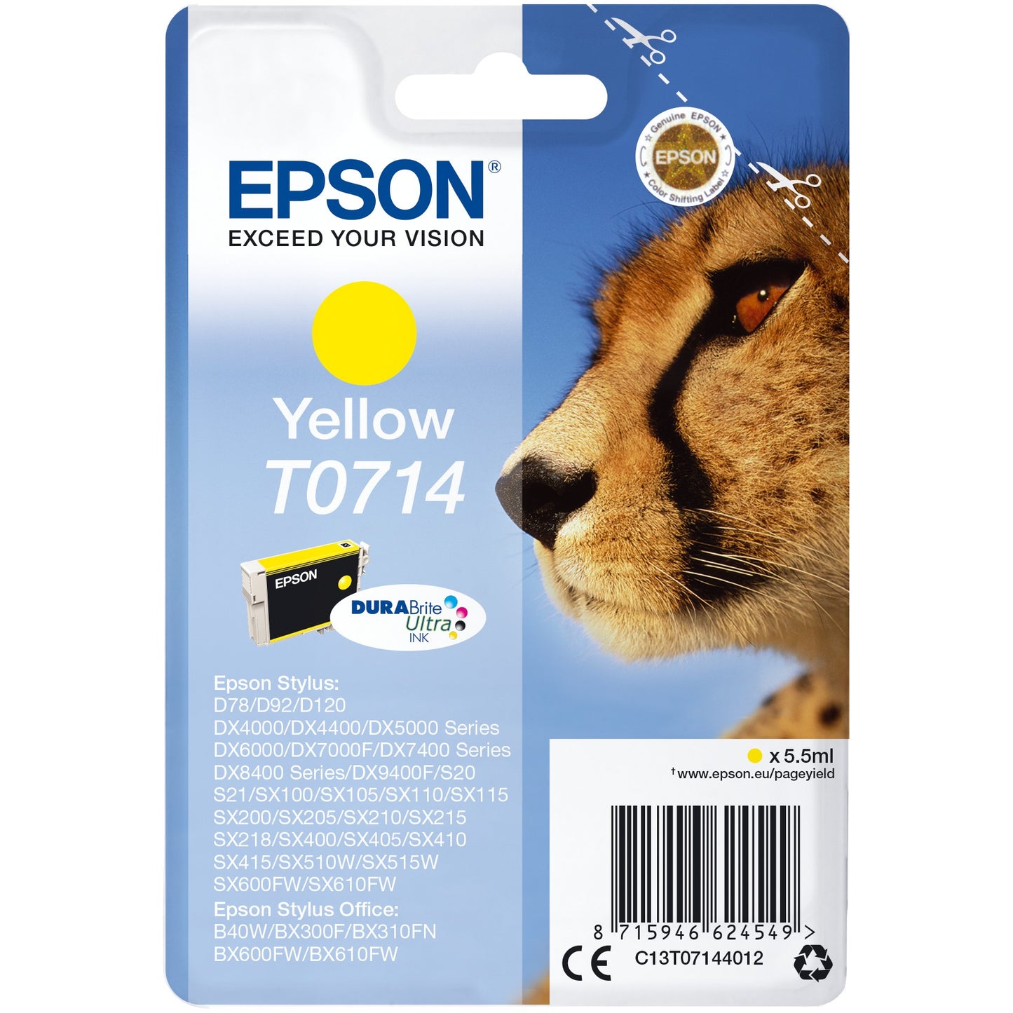 Epson pojedinačno pakovanje žute T0714 DURABrite Ultra tinte. Standardni prinos. Žuta. Tinta na bazi pigmenta. 5,5 ml. 1 komad.