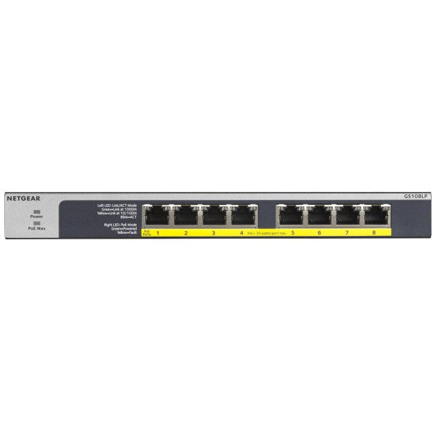 NETGEAR GS108LP. Neupravljan. Gigabit Ethernet (10/100/1000). Napajanje preko Etherneta (PoE). Montaža u rack. 1U. Montaža na zid.
