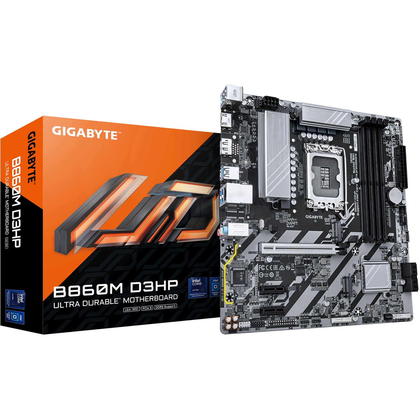 GIGABYTE B860M D3HP matična ploča - Intel Core Ultra procesori. 4+1+2+1 faze VRM. do 9066MHz DDR5. 2xPCIe 4.0 M.2. GbE LAN. USB 3.2 Gen 1. Intel. LGA 1851 (Socket V1). Intel Core Ultra (Serija 1). Intel Core Ultra (Serija 2). LGA 1851. DDR5 SDRAM. 256GB