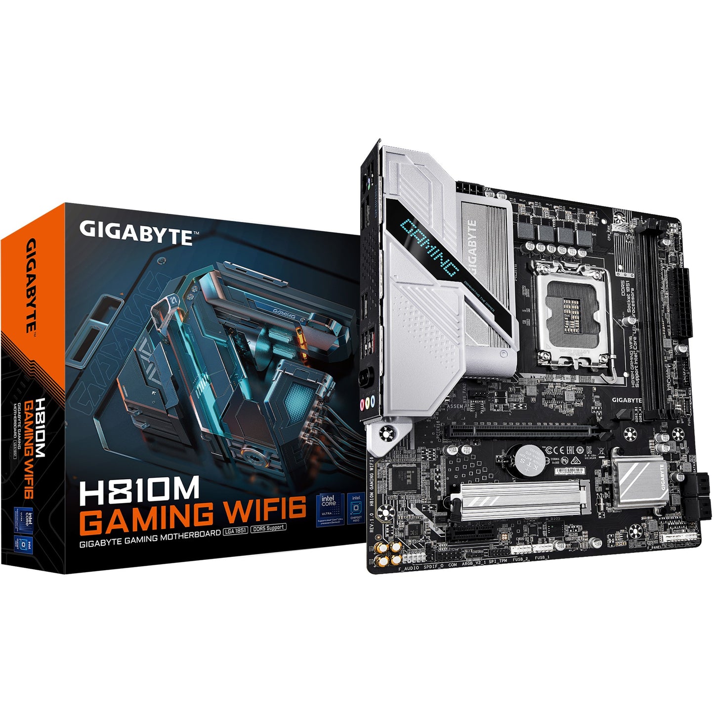 GIGABYTE H810M GAMING WIFI6 matična ploča - Intel Core Ultra (Serija 2) procesori. 4+1+2 faze VRM. do 6400 MHz DDR5. 1xPCIe 4.0 M.2. 2.5GbE LAN. WIFI 6. USB 3.2 Gen 1. Intel. LGA 1851 (Socket V1). Intel Core Ultra (Serija 2). LGA 1851. DDR5 SDRAM