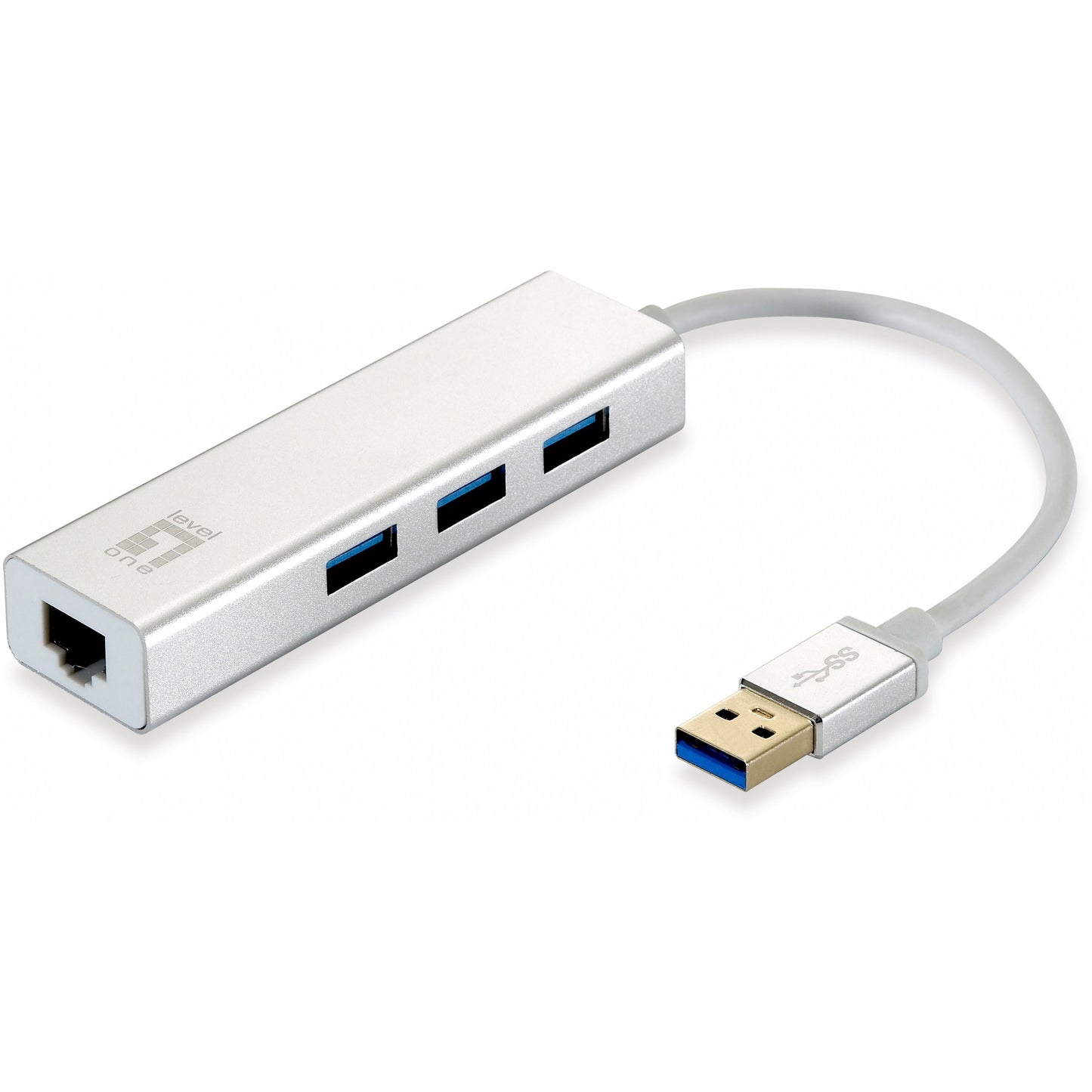 LevelOne USB-0503 Gigabit USB mrežni adapter sa USB hubom. Žični. USB. Ethernet. 1000 Mbps. Srebrni. Bijeli