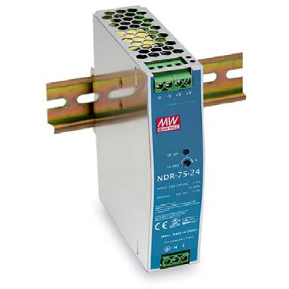 LevelOne 24V DC industrijsko napajanje. 75W. DIN šina. -20°C do +70°C. 75W. 90-264V. 47-63Hz. 1,45A. 16ms. Prenapon. Preopterećenje. Kratki spoj.