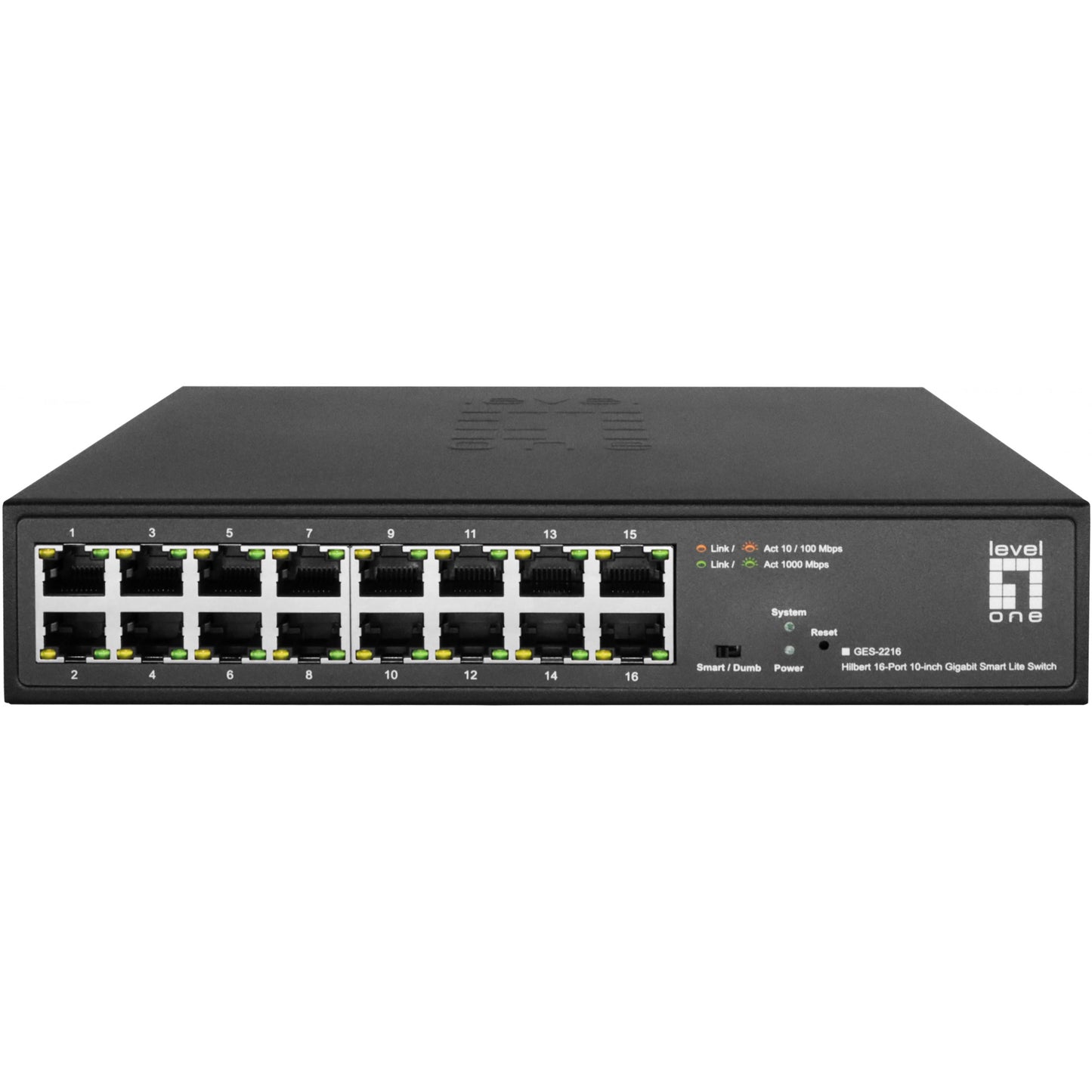 LevelOne Hilbert 10-16-portni gigabitni pametni Lite prekidač. 16 x Gigabit RJ45 (10/100/1000) Upravljani. L2. Gigabit Ethernet (10/100/1000). Puni dupleks. Montaža u rack.