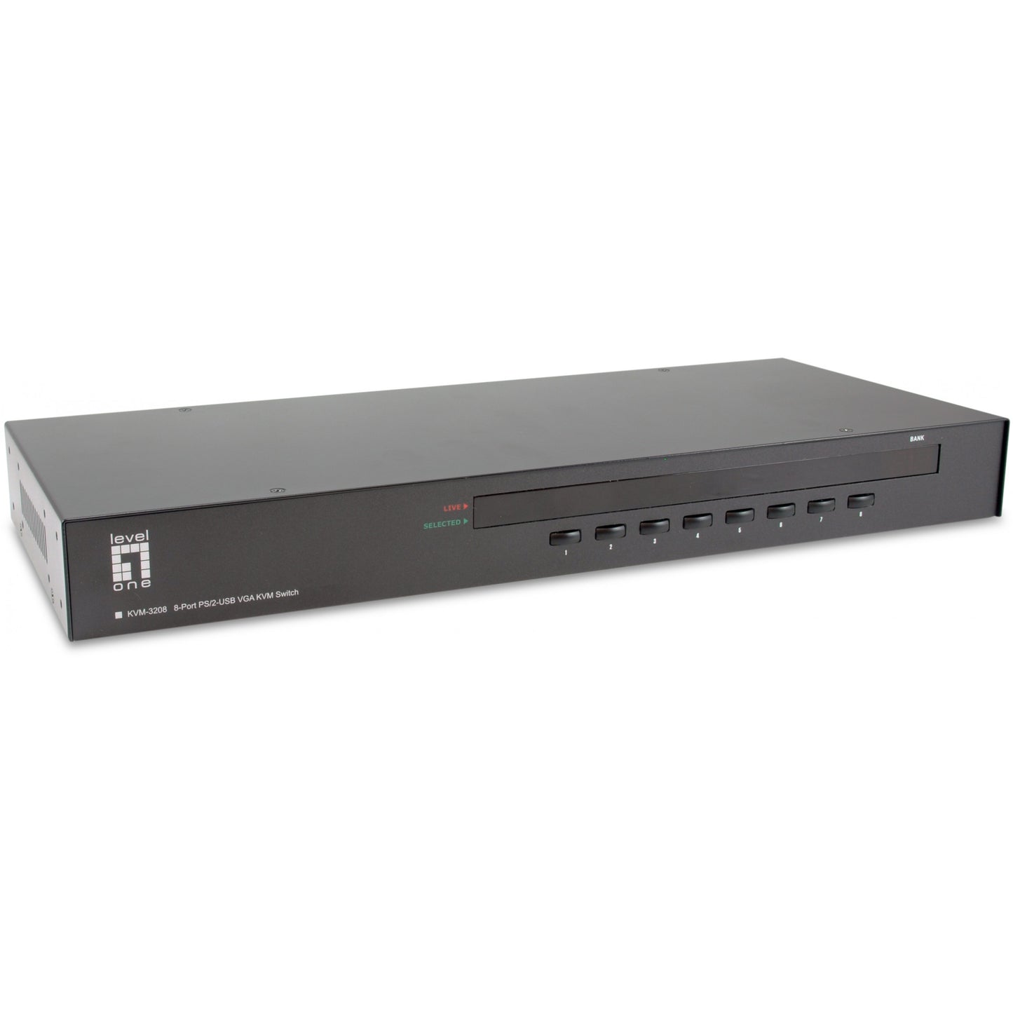 LevelOne 8-portni PS/2-USB VGA KVM prekidač. 2048 x 1536 piksela. Montaža u rack. 1U. Crna.