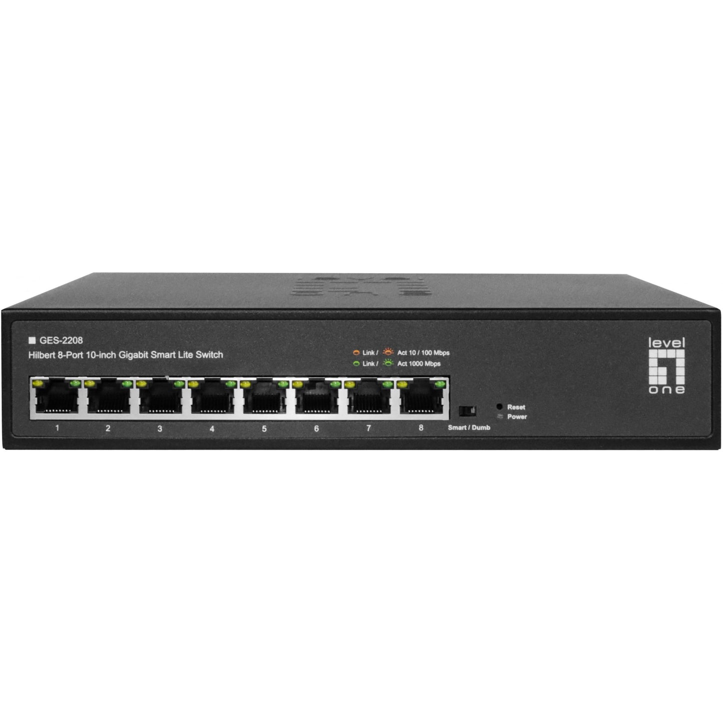 LevelOne Hilbert 10" 8-portni gigabitni pametni Lite prekidač. 8 x Gigabit RJ45 (10/100/1000) Upravljani. L2. Gigabit Ethernet (10/100/1000). Puni dupleks. Montaža u rack.