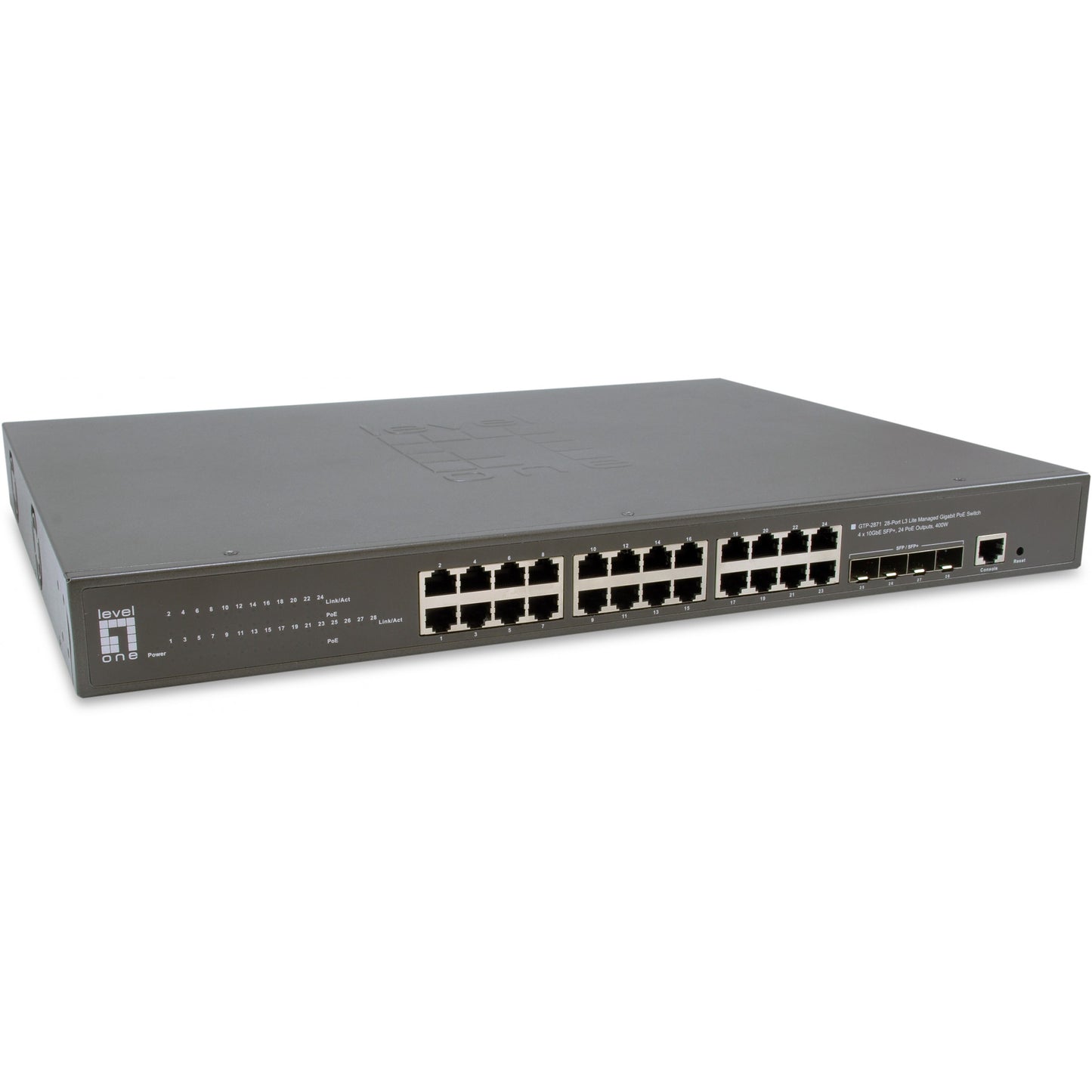 LevelOne GTP-2871. Upravljani. L3. Gigabit Ethernet (10/100/1000). Puni dupleks. Napajanje preko Etherneta (PoE). Ugradnja u rack.