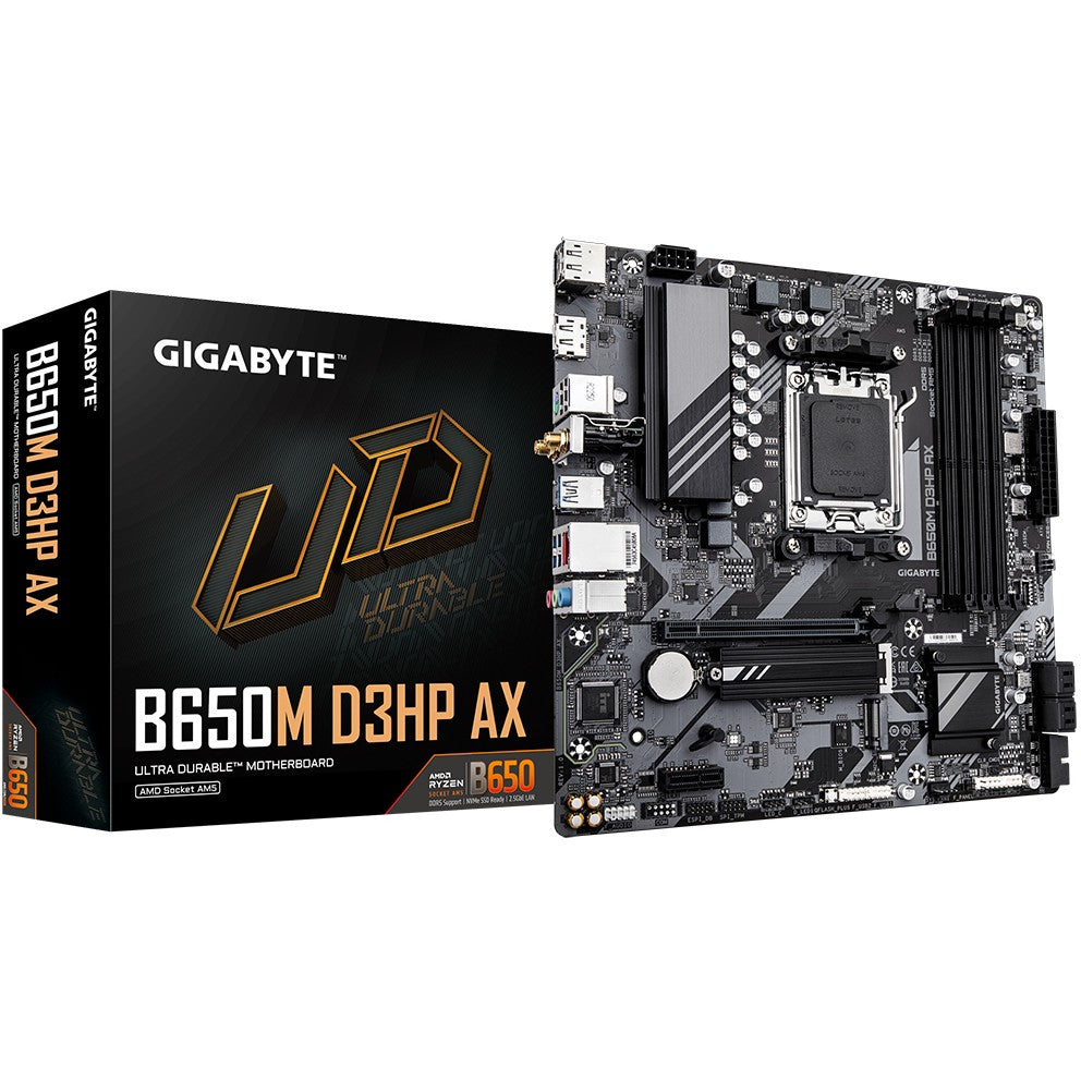 GIGABYTE B650M D3HP AX matična ploča - AMD Ryzen 9000 serija. 5+2+2 faze VRM. do 8000 MHz DDR5 (OC). 2xPCIe 4.0 M.2. WIFI 6E. 2.5GbE LAN. USB 3.2 Gen 1. AMD. Podnožje AM5. AMD Ryzen 7000 serija. AMD Ryzen 8000 serija. AMD Ryzen 9000 serija. Podnožje AM5. DDR5 SDRAM. 256GB