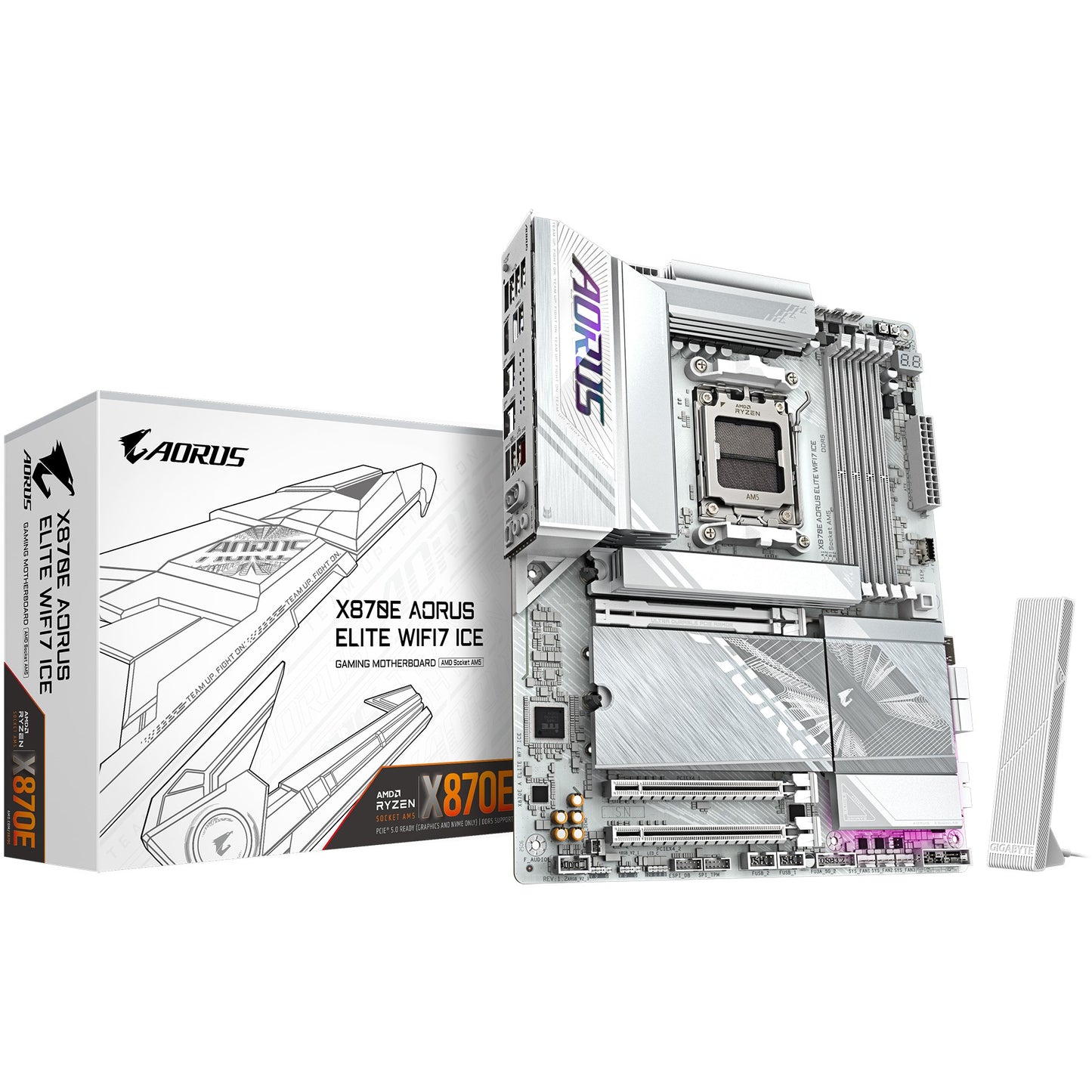 GIGABYTE X870E AORUS ELITE WIFI7 ICE matična ploča – Podržava AMD Ryzen 9000 procesore. Digitalni 16+2+2 fazni VRM. Do 8200 MHz DDR5 (OC). 3x PCIe 5.0 + 1x PCIe 4.0. Wi-Fi 7. 2.5 GbE LAN. USB 4. AMD. Podnožje AM5. AMD Ryzen 7000 serija. AMD Ryzen 8000 serija. AMD Ryzen 9000 serija. Podnožje AM5. DDR5 SDRAM. 256 GB