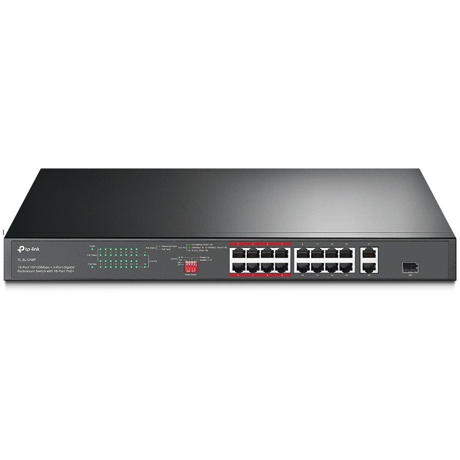 TP-Link 16-portni 10/100 Mbps + 2-portni gigabitni rackmount switch sa 16 PoE+ portova. Neupravljan. Gigabit Ethernet (10/100/1000). Napajanje preko Etherneta (PoE). Rack instalacija. 1U