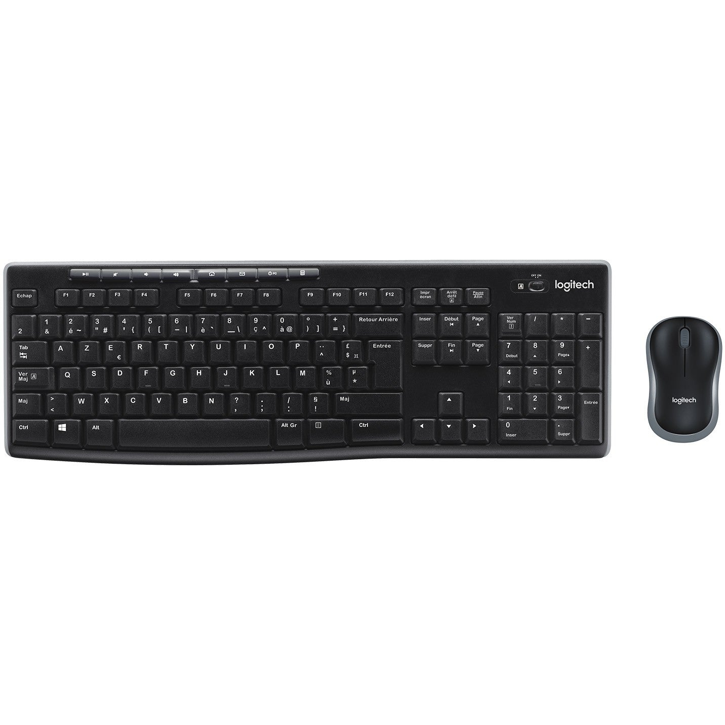 Logitech MK270. Puna veličina (100%). Žični. RF bežični. AZERTY. Crni. Miš uključen.