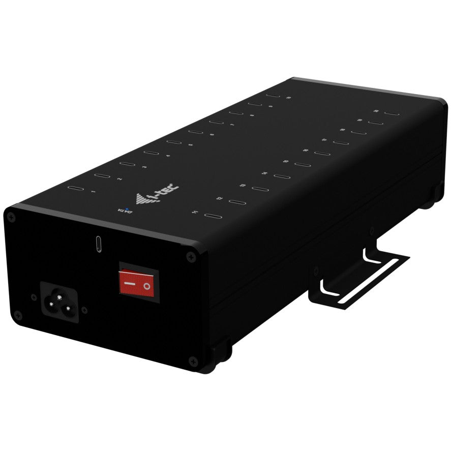 i-tec USB-C/USB-A metalni punjac + podatkovni hub. 15W po portu. 20x USB-C. Za unutrašnju upotrebu. AC. 12V Crni