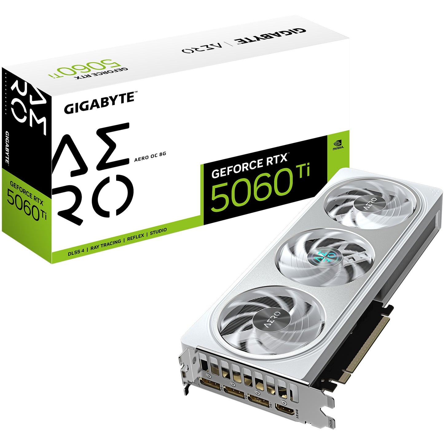 GIGABYTE GeForce RTX 5060 Ti AERO OC 8G Grafička kartica – 8 GB GDDR7. 128-bit. PCI-E 5.0. Frekvencija jezgra 2647 MHz. 3 x DisplayPort. 1 x HDMI. GV-N506TAERO OC-8GD. GeForce RTX 5060 Ti. 8 GB. GDDR7. 128-bit. 7680 x 4320 piksela. PCI Express x8 5.0