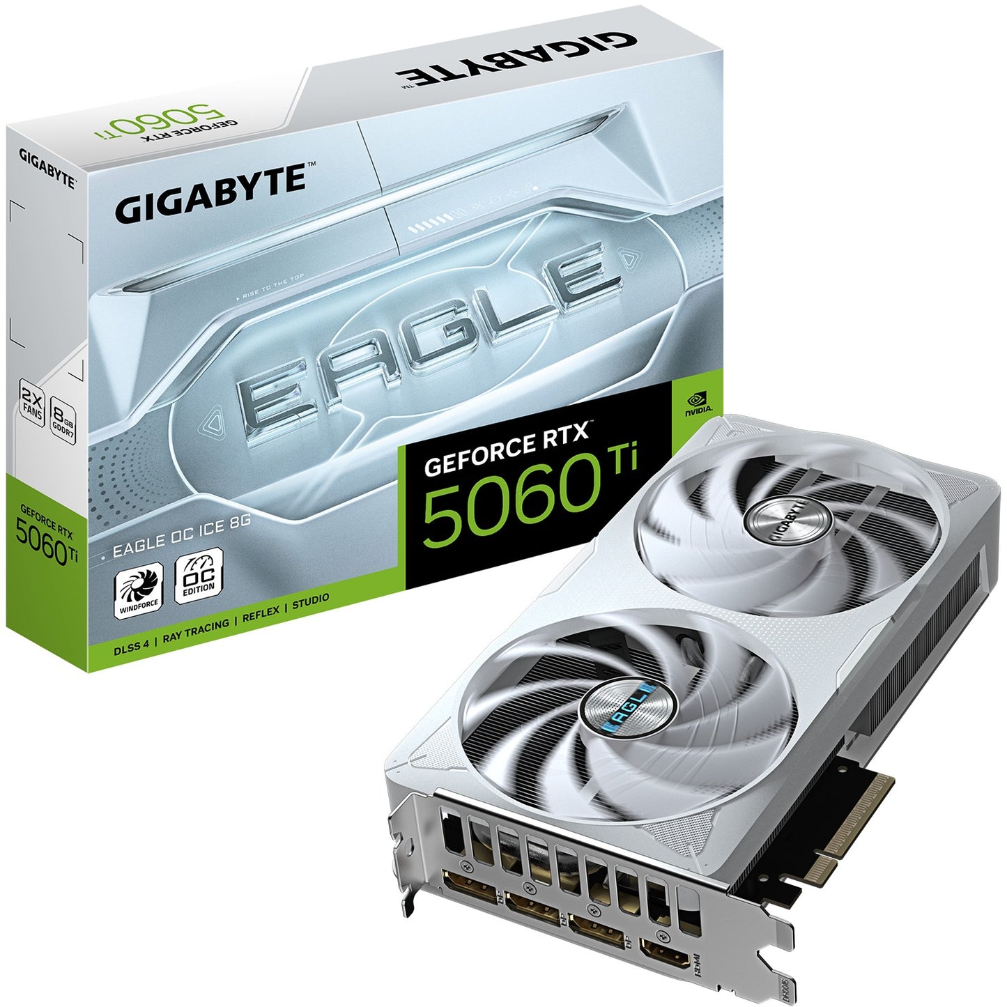 GIGABYTE GeForce RTX 5060 Ti EAGLE OC ICE 8G Grafička kartica – 8 GB GDDR7. 128-bit. PCI-E 5.0. Frekvencija jezgra 2617 MHz. 3 x DisplayPort. 1 x HDMI. GV-N506TEAGLEOC ICE-8GD. GeForce RTX 5060 Ti. 8 GB. GDDR7. 128-bit. 7680 x 4320 piksela. PCI Express x8 5.0