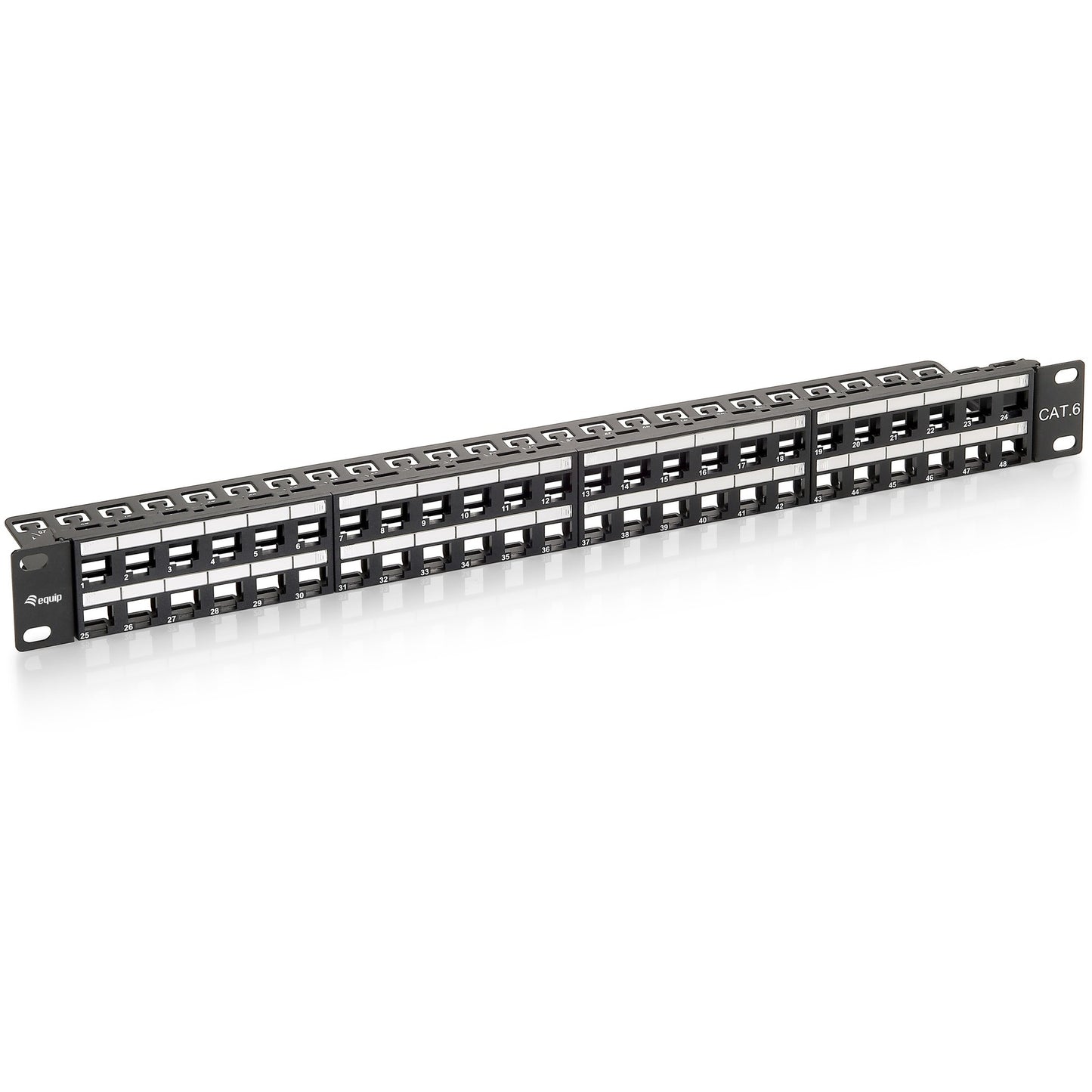 Equip 48-portni Keystone Cat.6 neoklopljeni patch panel. Crna. Cat6. Crna. Montaža u rack. 1U. 44 mm. 483 mm