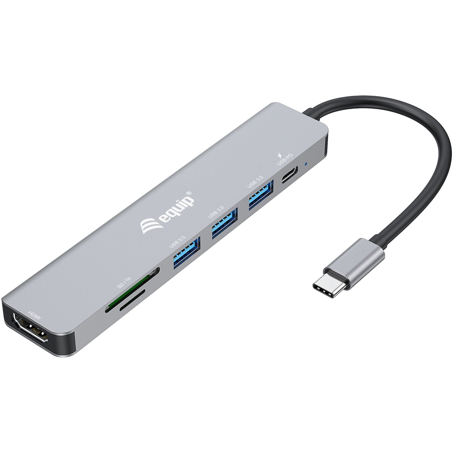 Equip USB-C 7-u-1 multifunkcionalnim adapterom. HDMI 4K/60Hz. USB 3.2 Gen 1 x 3. TF/MICRO SD. 100W USB PD. Žični. USB 3.2 Gen 1 (3.1 Gen 1) Type-C. 100 W. Srebrni. MicroSD (TransFlash). SD. SDHC. SDXC. 5Gbps