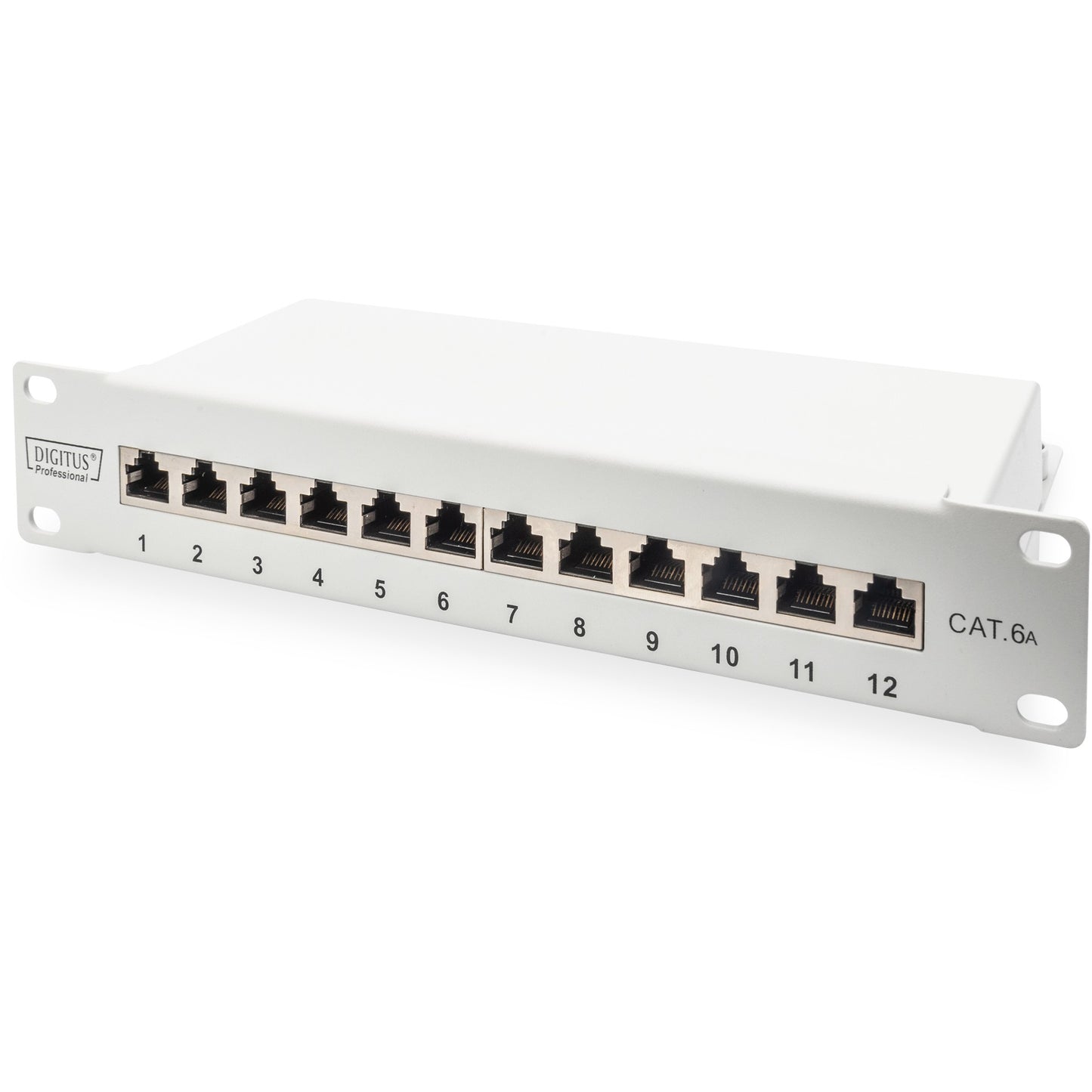 Digitus CAT 6A patch panel. Oklopljen. 12 portova. 1RU. 10". Siva. 10 Gigabit Ethernet. RJ-45. Cat6a. 22/26. Siva. Metalna.