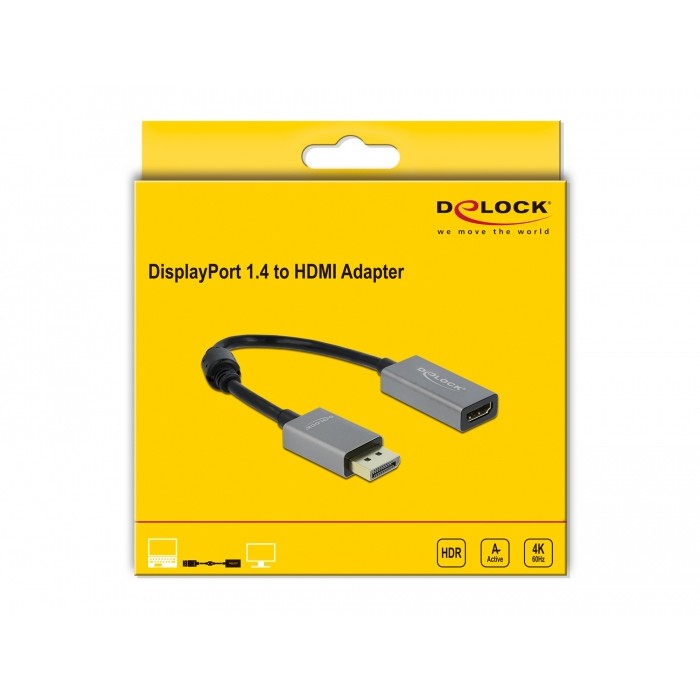 DeLOCK Active DisplayPort 1.4 na HDMI adapter 4K 60 Hz (HDR). 0,2 m. DisplayPort. HDMI tip A (standardni). Muški. Ženski. 3840 x 2160 piksela