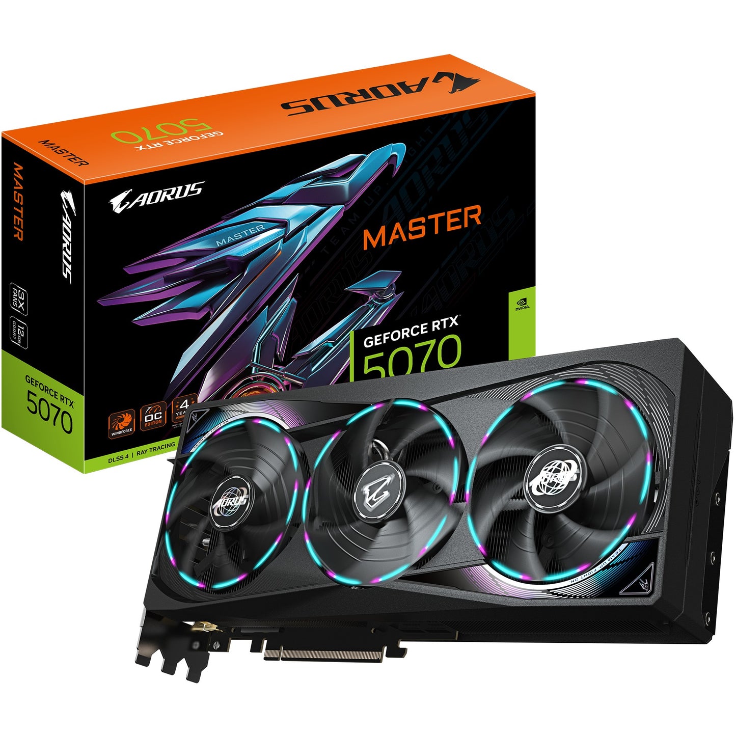 GIGABYTE AORUS GeForce RTX 5070 MASTER 12G grafička kartica - 12GB GDDR7. 192 bita. PCI-E 5.0. Takt jezgra 2715MHz. 3 x DP 2.1a. 1 x HDMI 2.1b NVIDIA DLSS 4. GV-N5070AORUS M-12GD. GeForce RTX 5070. 12GB. GDDR7. 192 bita. 7680 x 4320 piksela. PCI Express x16 5.0