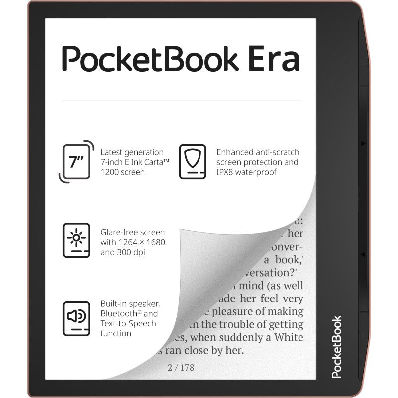 PocketBook Era Stardust. 17,8 cm (7"). E Ink Carta. 1264 x 1680 piksela. ACSM. CBR. CBZ. CHM. DOC. DOCX. DjVu. EPUB DRM. FB2. FB2.ZIP. HTM. HTML. MOBI. PDF. PRC. RTF. TXT..... MP3. OGG. BMP. JPEG. PNG. TIFF
