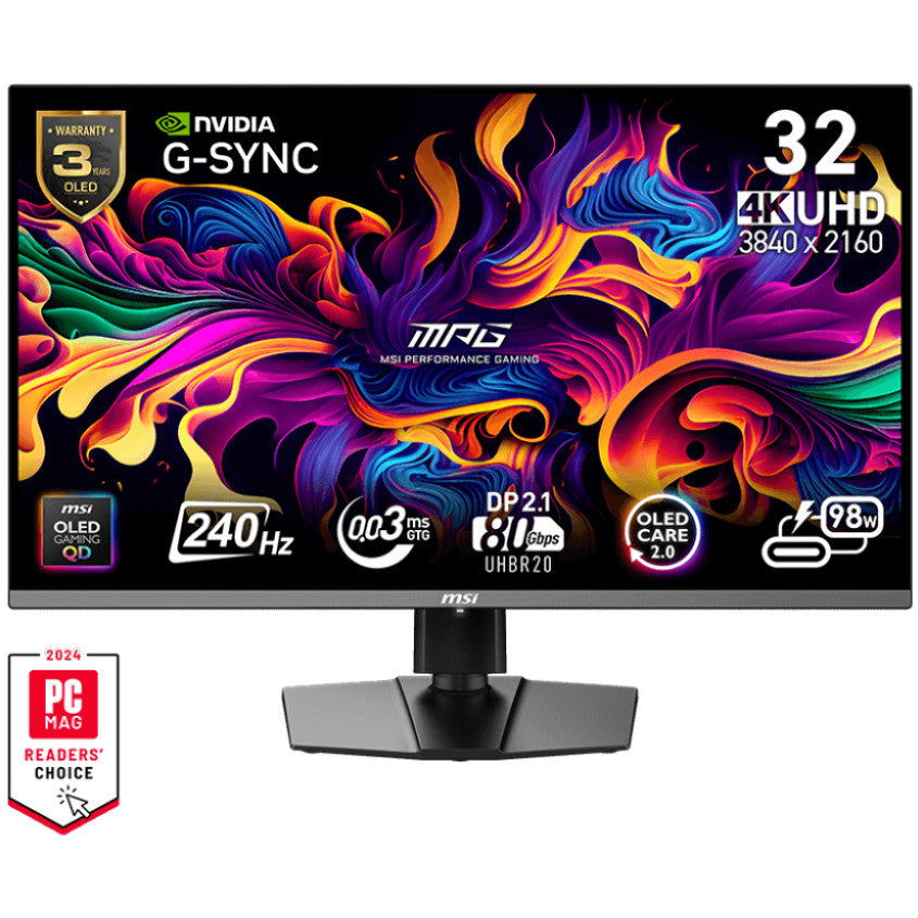 MSI MPG 322URX QD OLED. 80 cm (31,5"). 3840 x 2160 piksela. 4K Ultra HD. QD-OLED. 0,03 ms. Crni