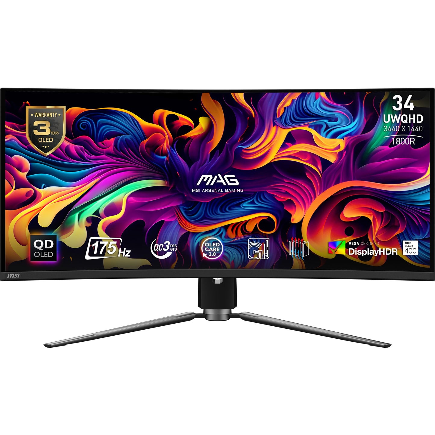 MSI MAG 341CQPDE QD OLED. 86,4 cm (34"). 3440 x 1440 piksela. UltraWide Quad HD. QD-OLED. 0,03 ms. Crni