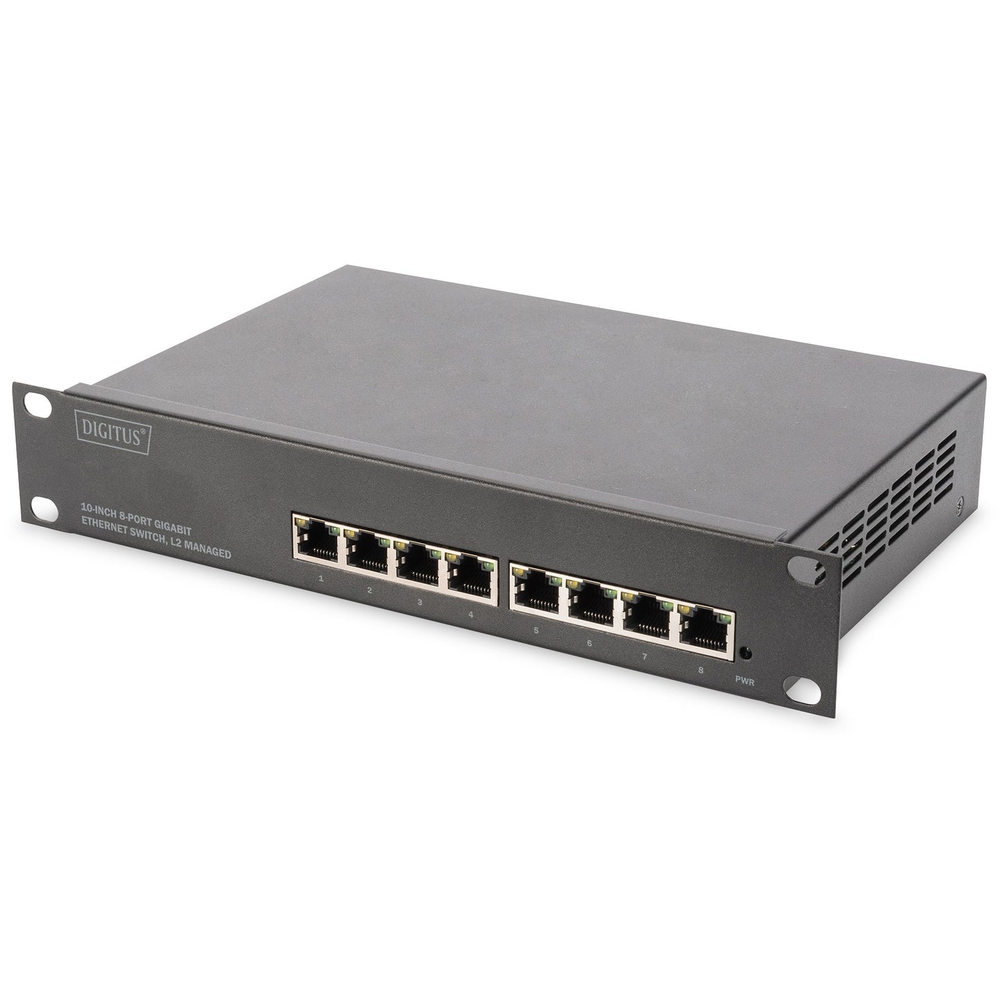 Digitus 8-portni gigabitni switch. 10 inča. Upravljani. Upravljani. L2+. Gigabit Ethernet (10/100/1000). Puni dupleks. Instalacija u rack. Montaža na zid.